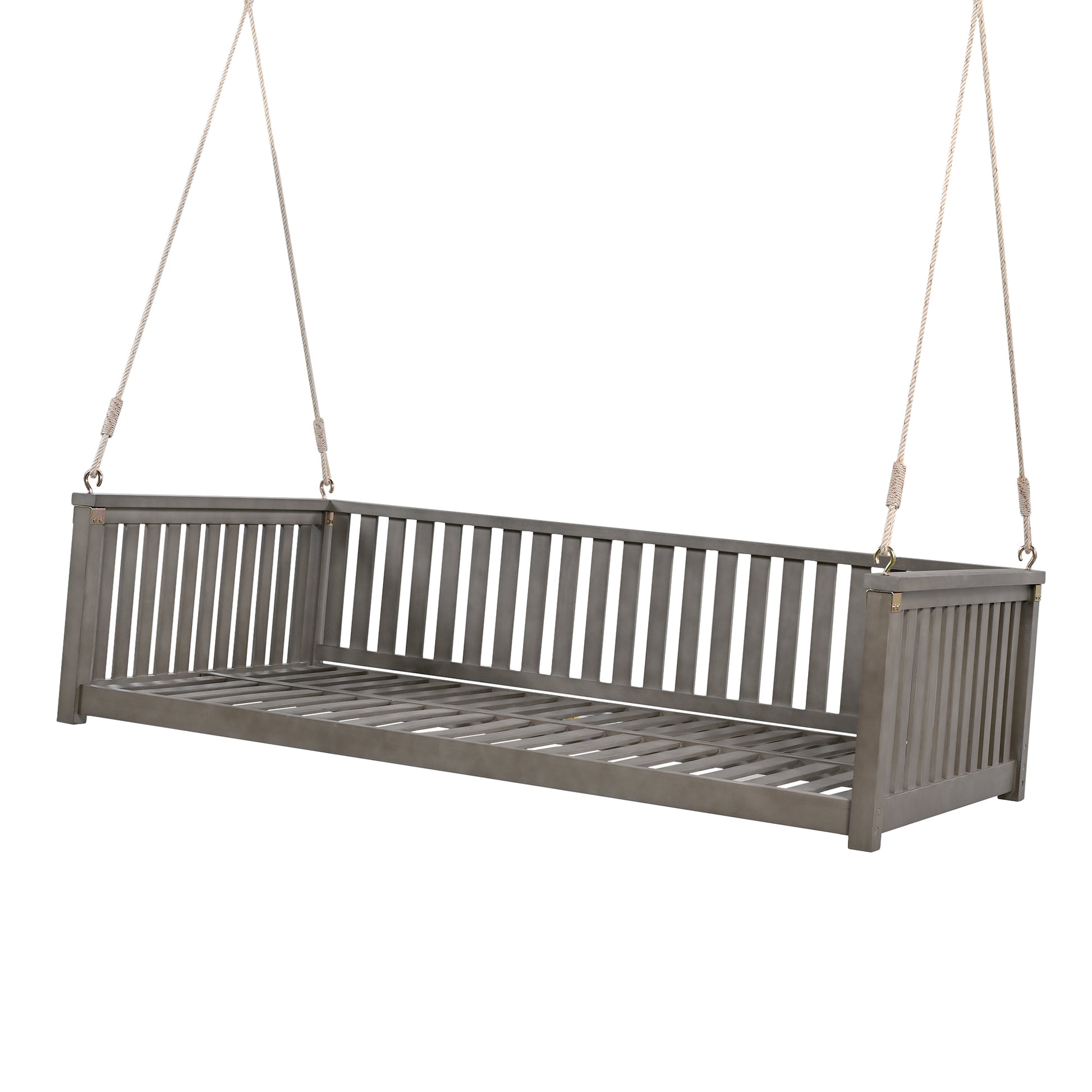 Patio Minimalist Twin Size Garden Swing Bed Wood Porch Swing With Ropes For Backyard, Safe Sloped Design, Gray Gray Weather Resistant Frame Garden & Outdoor Minimalist 2 Person Seating Group Acacia