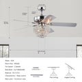 52 Inch Crystal Ceiling Fan Lamp With Hand Pull Chain 3 Speed High, Mid, Low , 5 Reversible Blades Ceiling Fan Chrome ,3Pcs*E12 No Include Bulb Chrome American Traditional,Antique,Classic,Contemporary Plywood Metal