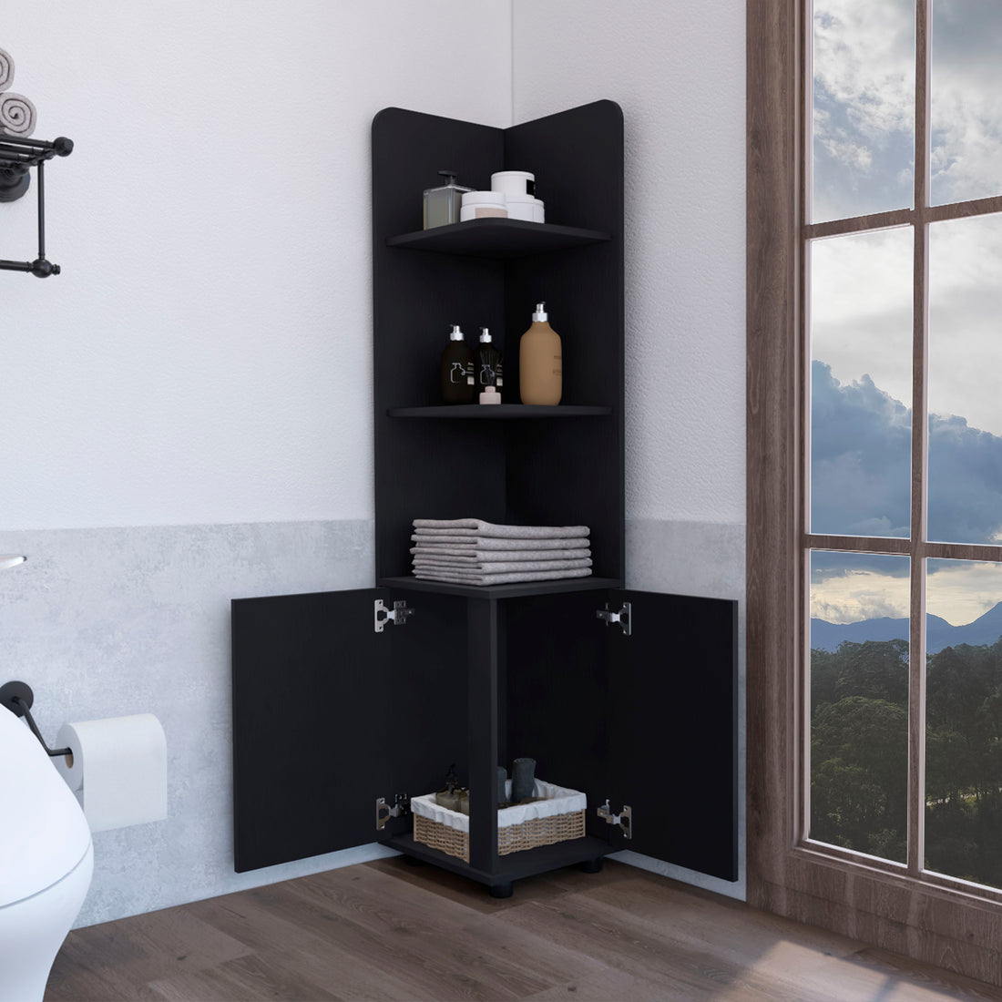 Corner Cabinet 62H" Tall With 3 Tier Shelf And 2 Door, Black Black Contemporary,Modern Engineered Wood