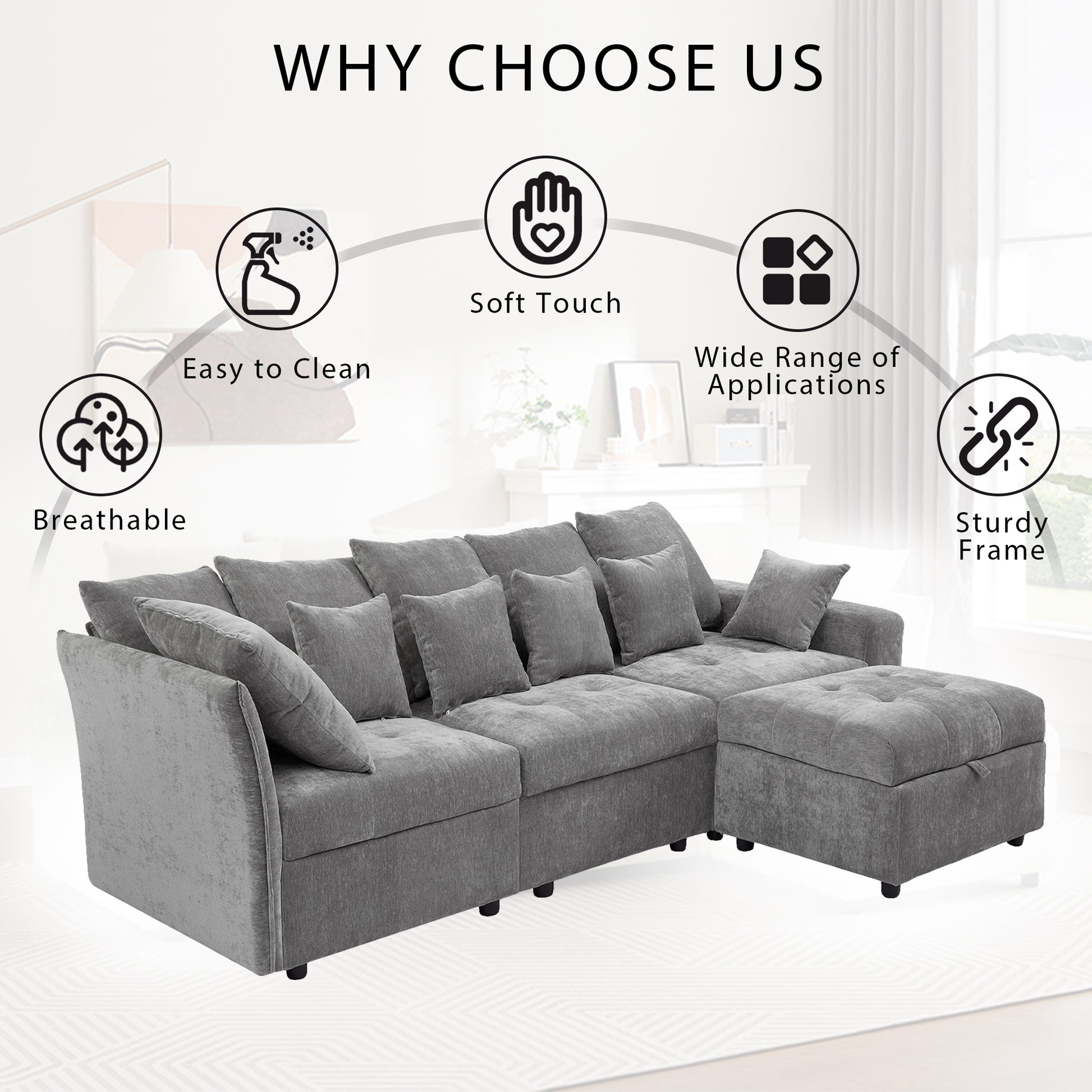 96.45"Sectional Sofa Modular Sofa Couch With Three Usb Ports, A Removable Storage Ottoman And Five Back Pillows For Living Room, Grey Grey Foam Chenille 4 Seat