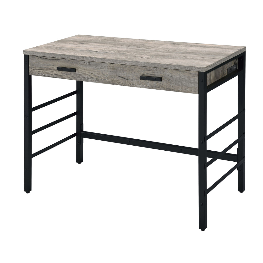 Light Weathered Oak And Black Writing Desk With 2 Drawers Black Brown Office Oak Wood Metal