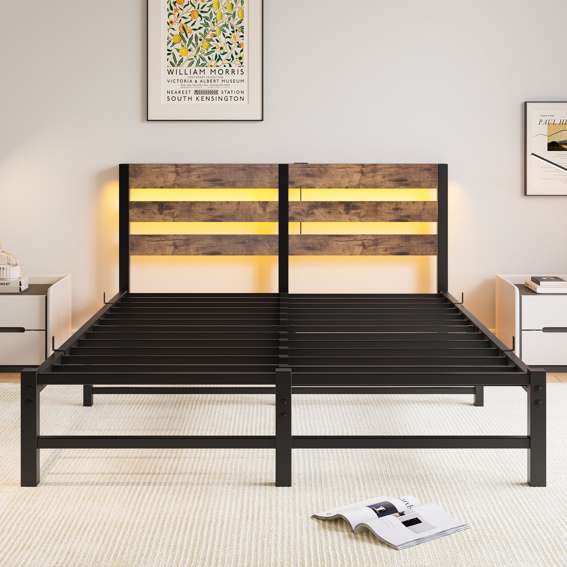 Queen Size Metal Bed Frame With Wooden Headboard, Rgb Lights,Charger, Storage Shelf, Noise Free, No Box Spring Needed,Rustic Brown Box Spring Not Required Queen Beige Brown Metal Brown Bedroom Bed Frame Metal & Wood