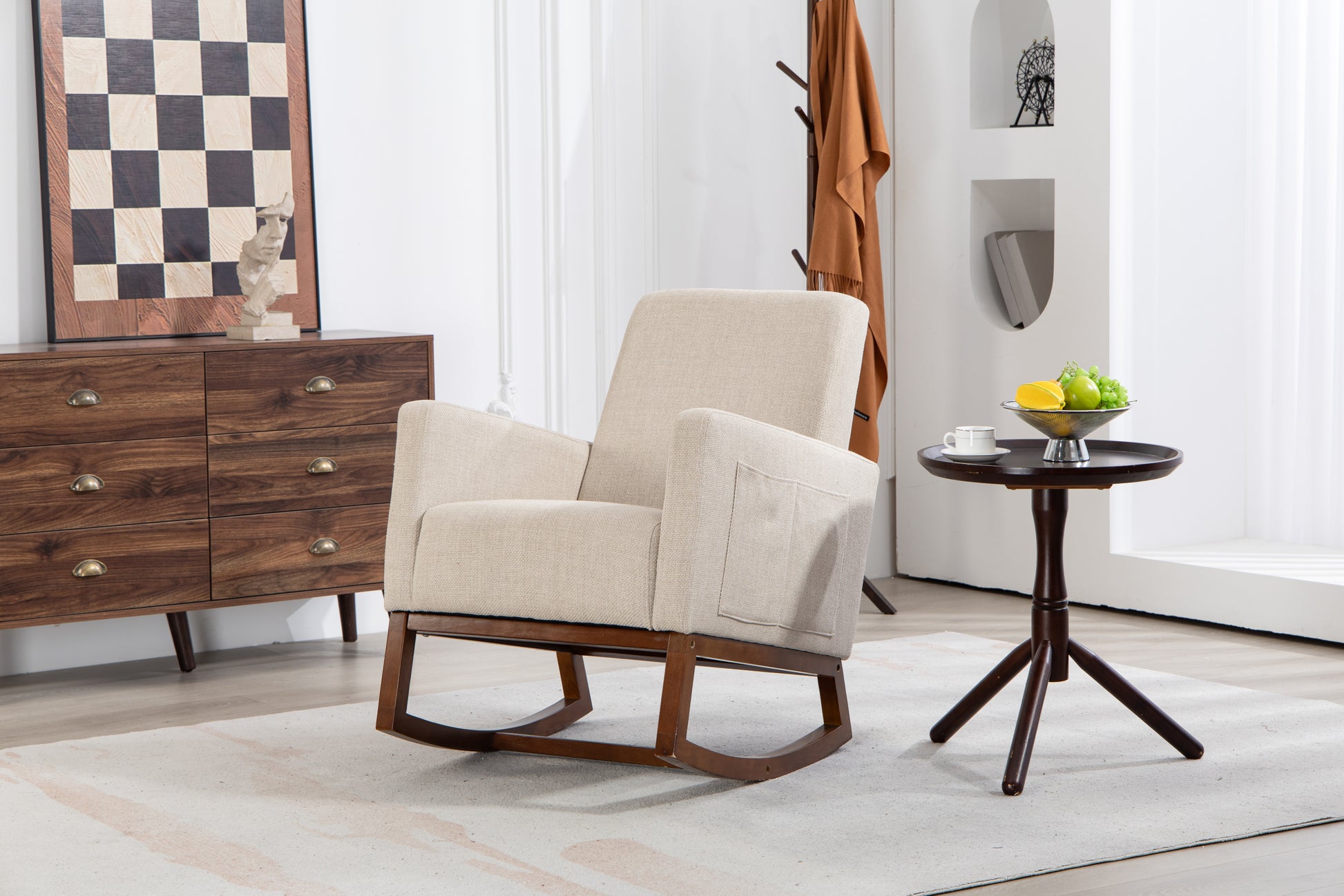 Mid Century Modern Accent Chair With Wood Frame, Upholstered Living Room Chairs With Waist Cushion, Reading Armchair For Bedroom Sunroom Grey White Linen