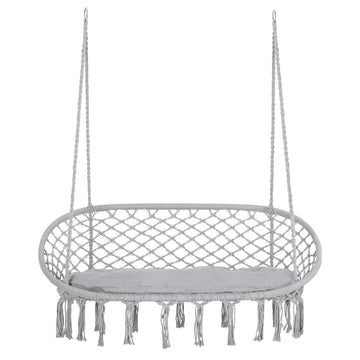 Outsunny 2 Person Hammock Chair Macrame Swing With Soft Cushion, Hanging Cotton Rope Chair For Indoor Outdoor Home Patio Backyard, Grey Gray Steel