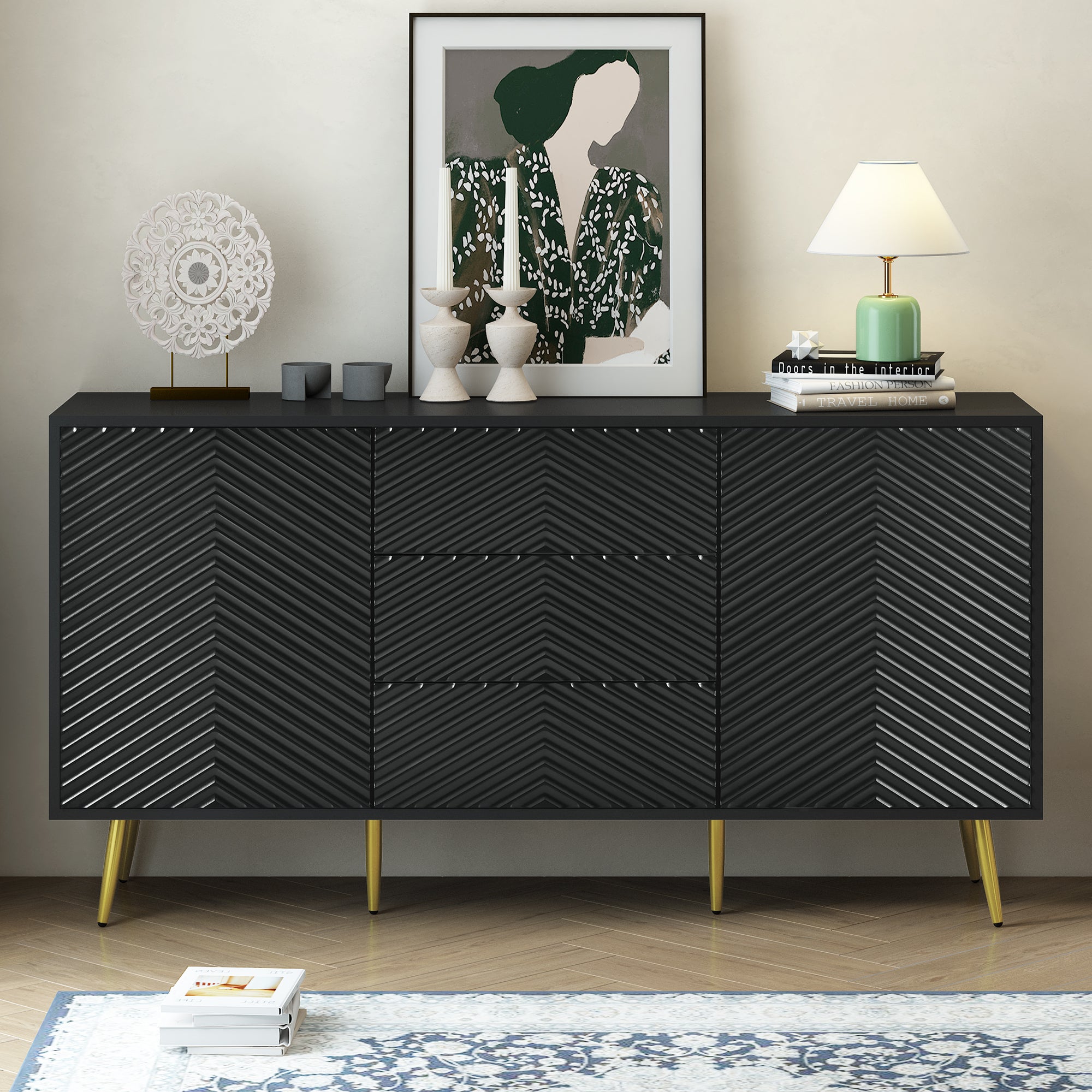 Modern Sideboard With Geometric Line Design, Conical Metal Legs, And Central Drawers For Stylish Storage, Suitable For Study, Entryway And Living Room Black Primary Living Space American Design Mdf