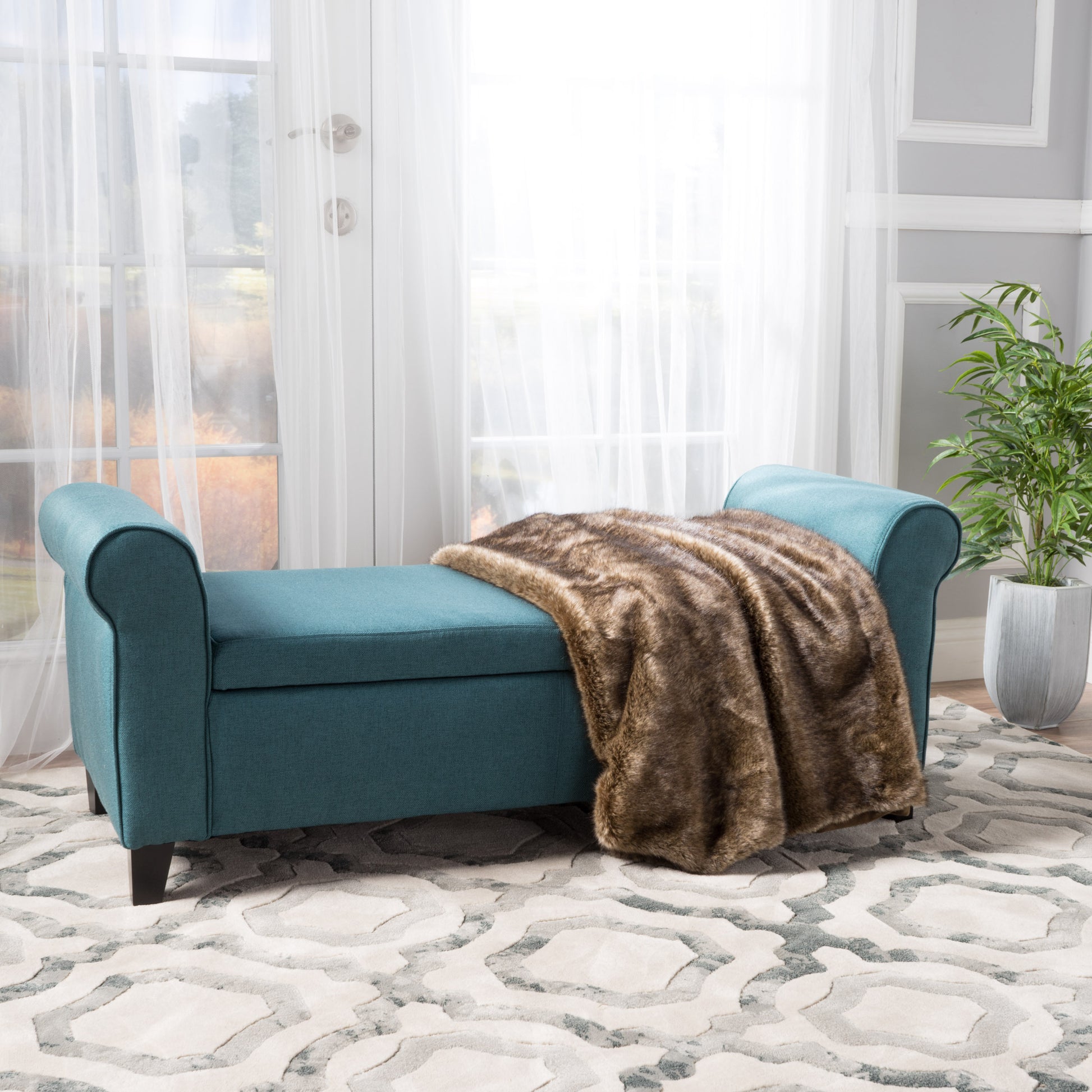 Hayes Armed Storage Bench Teal Fabric