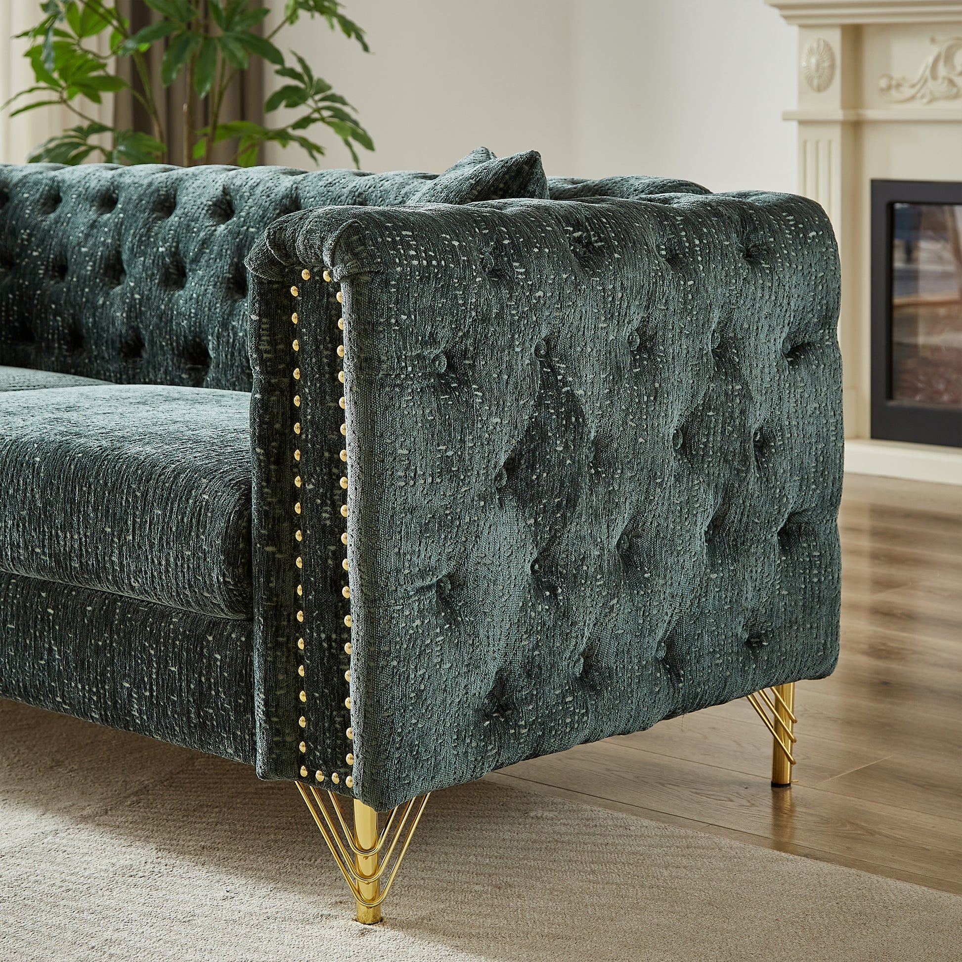82 Inch Chenille Pull Buckle Design Sofa For Living Room,Buttons Tufted With Copper Nail Decoration Armrest, Modern Couch Upholstered Button And Metal Legs Green Foam Chenille 3 Seat