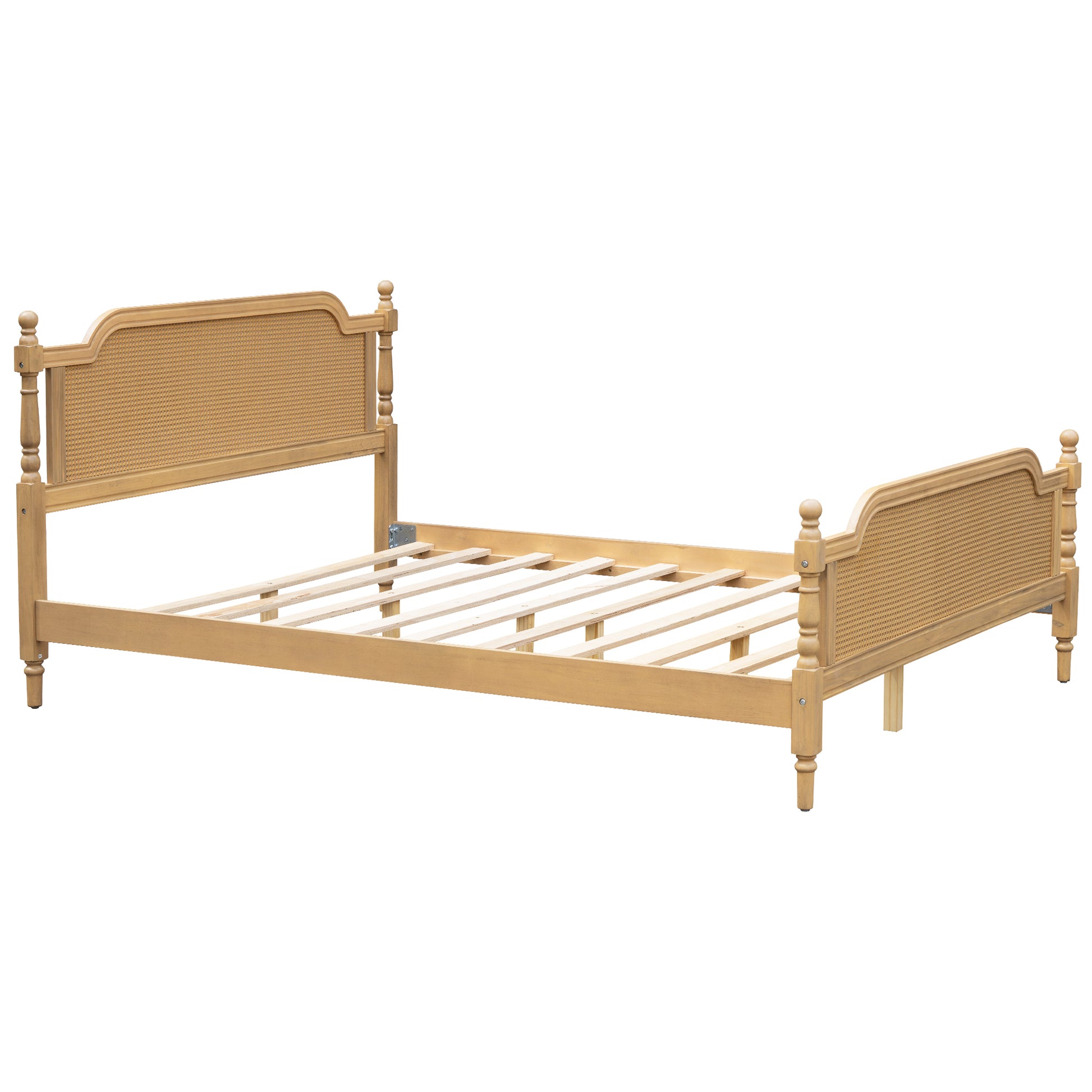 Traditional Style Rattan Queen Size Bed Frame,No Box Spring Needed,Antique Walnut Box Spring Not Required Queen Walnut Wood Bedroom Traditional,Vintage Bed Frame Wood