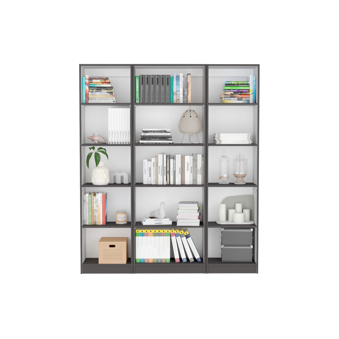 Bartow 3 Piece Home Bookcase Set, 60" Wide With 15 Shelvesliving Room Set Set Matt Gray White Freestanding 5 Or More Shelves Multicolor Office Open Storage Space Modern Particle Board