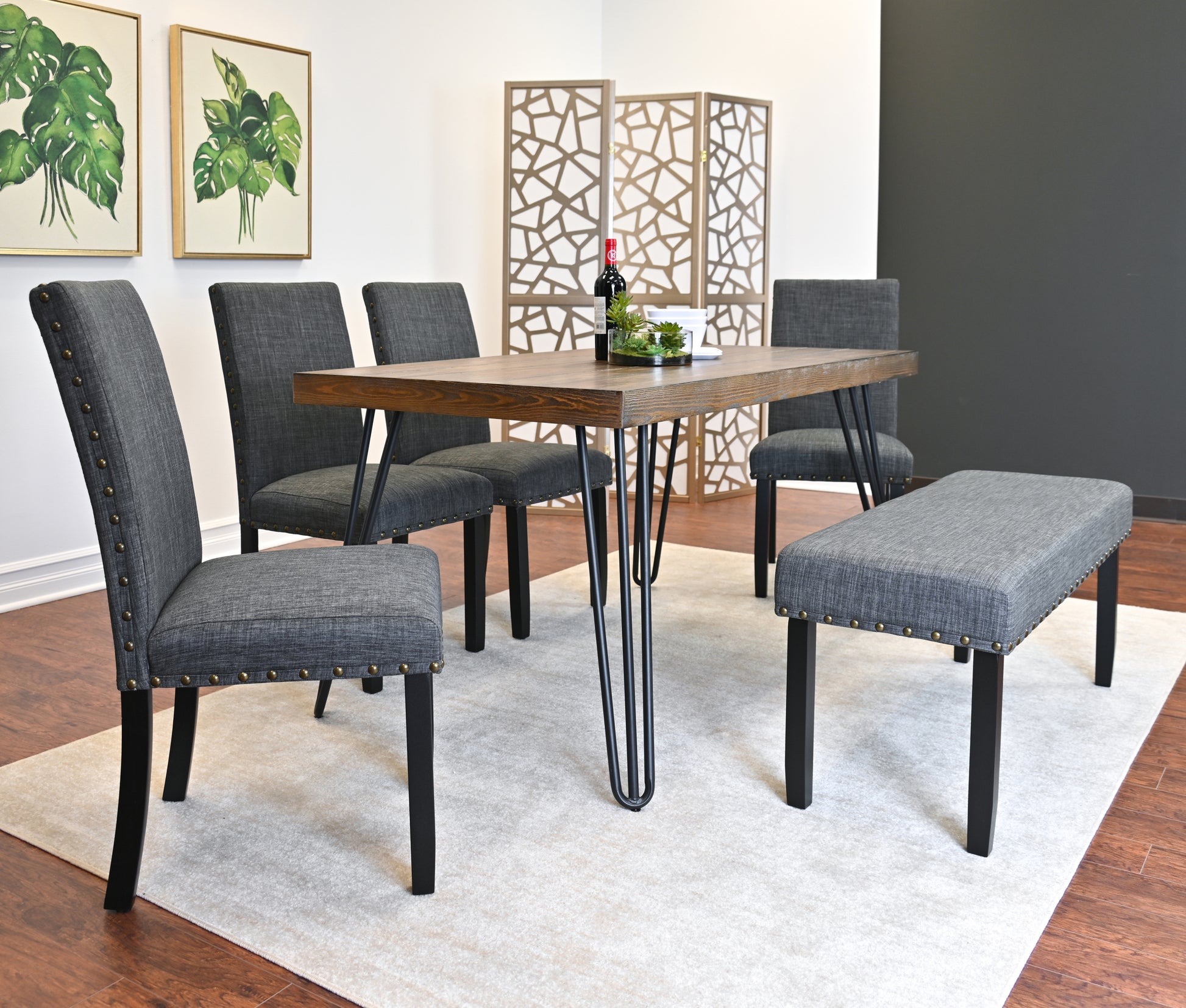 Amisos 6 Piece Dining Set, Hairpin Dining Table With 4 Chairs And Upholstery Bench, 3 Color Options Wood Brown Seats 6 Brown Metal Dining Room Fixed Table Rubberwood Rectangular 4 Leg Rectangular Dining Table With Chair And Bench Mdf