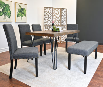 Amisos 6 Piece Dining Set, Hairpin Dining Table With 4 Chairs And Upholstery Bench, 3 Color Options Wood Brown Seats 6 Brown Metal Dining Room Fixed Table Rubberwood Rectangular 4 Leg Rectangular Dining Table With Chair And Bench Mdf