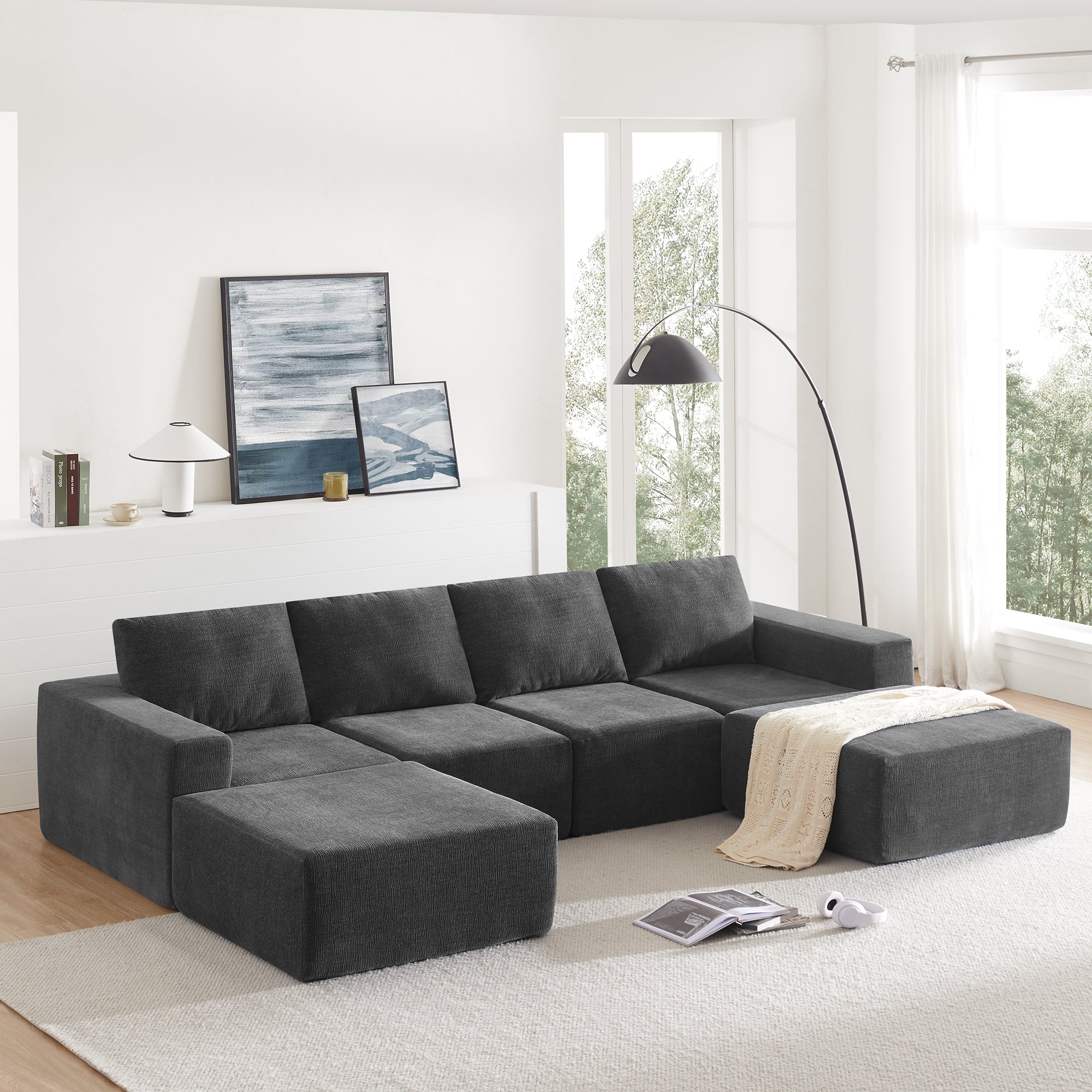 110*72" Modular U Shaped Sectional Sofa,Luxury Chenille Floor Couch Set,Upholstered Indoor Furniture,Foam Filled Sleeper Sofa Bed For Living Room,Bedroom,Free Combination,3 Colors Dark Gray Polyester 6 Seat