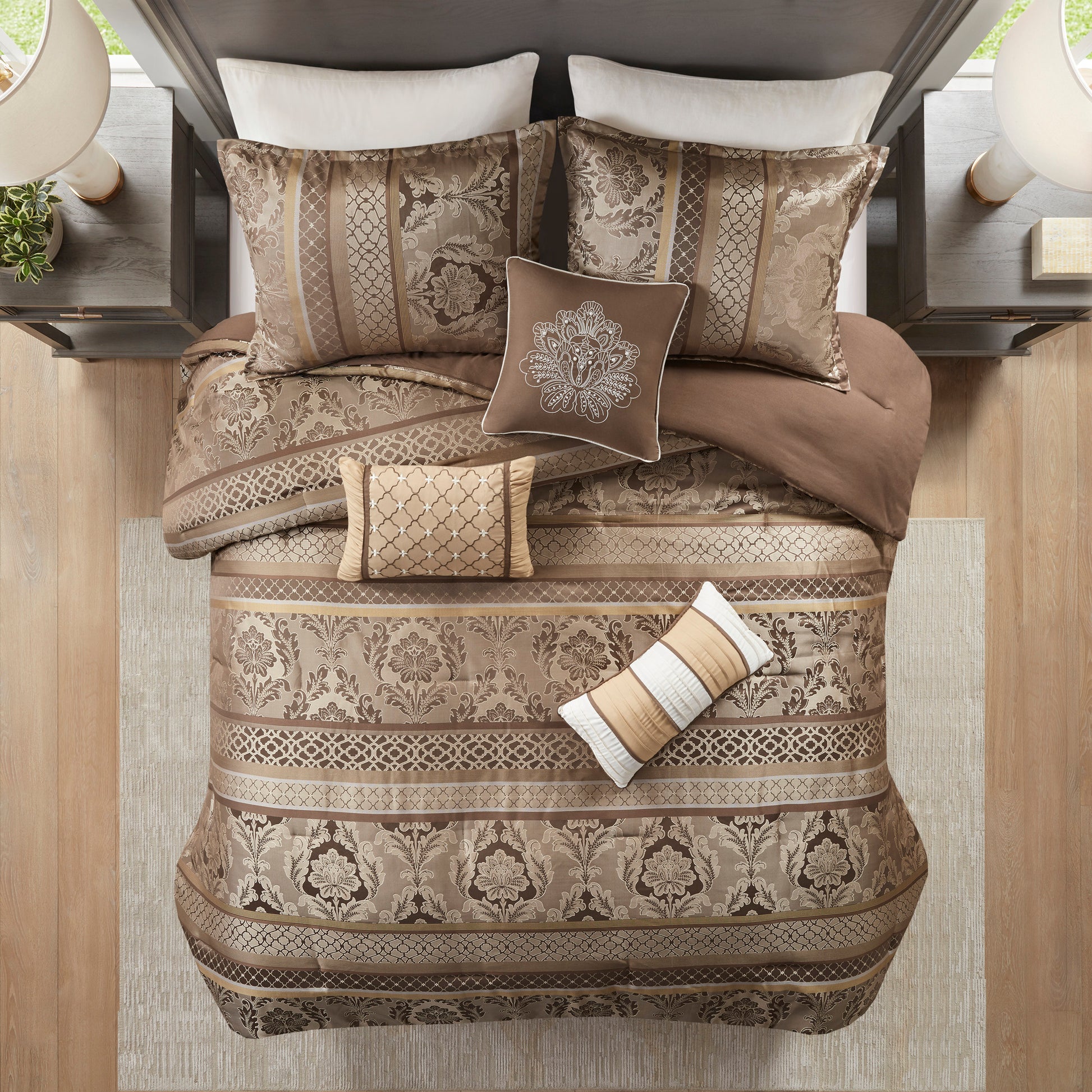 7 Piece Jacquard Comforter Set Brown Gold King King Brown Gold Polyester