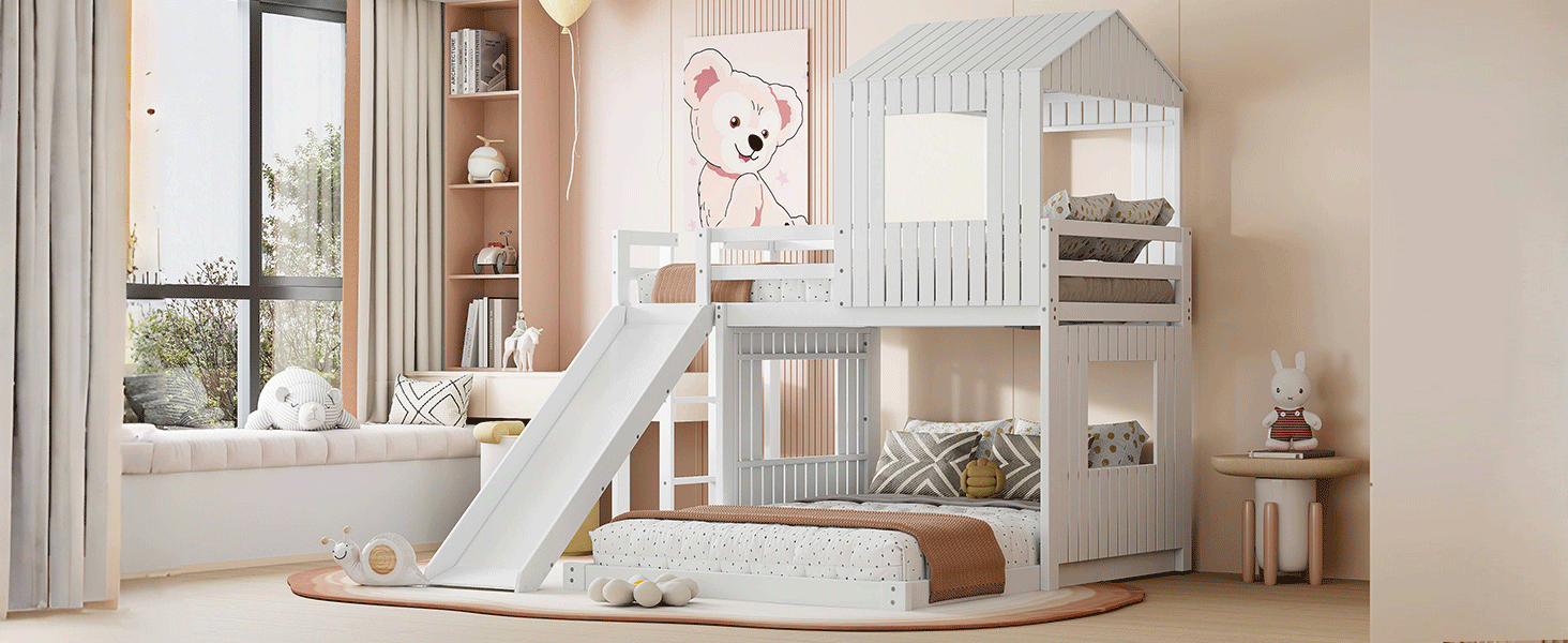 Wooden Twin Over Full Bunk Bed, Loft Bed With Playhouse, Farmhouse, Ladder, Slide And Guardrails, White Old Sku :Lt000028Aak Twin White Solid Wood