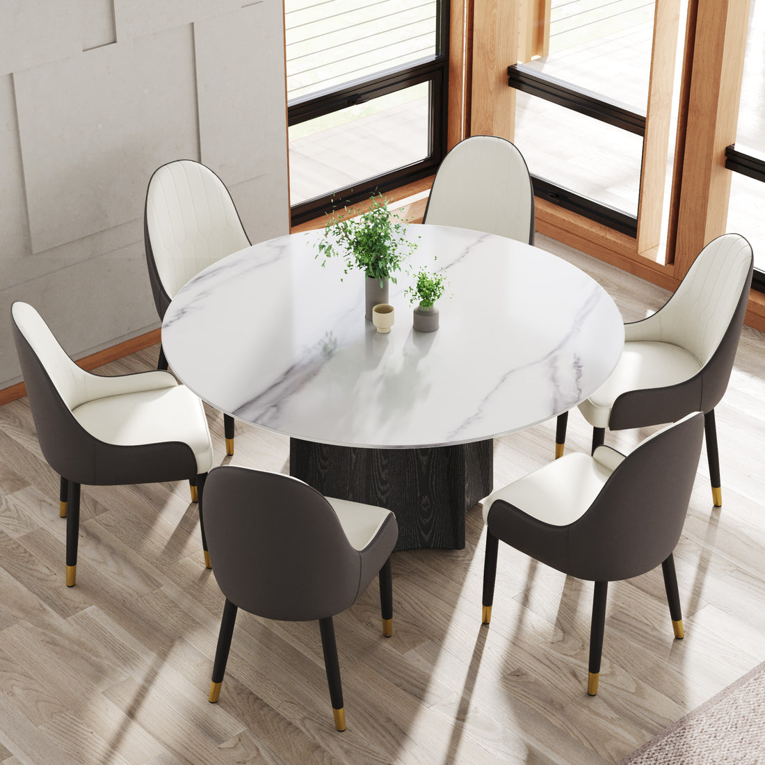 59.05" Round Marble Dining Table With Black Textured Solid Wood Base, Artificial Marble For 6 8 People, Dining Room Living Room Kitchen Dining Table,White Dining Table Only Black,White Dining Room