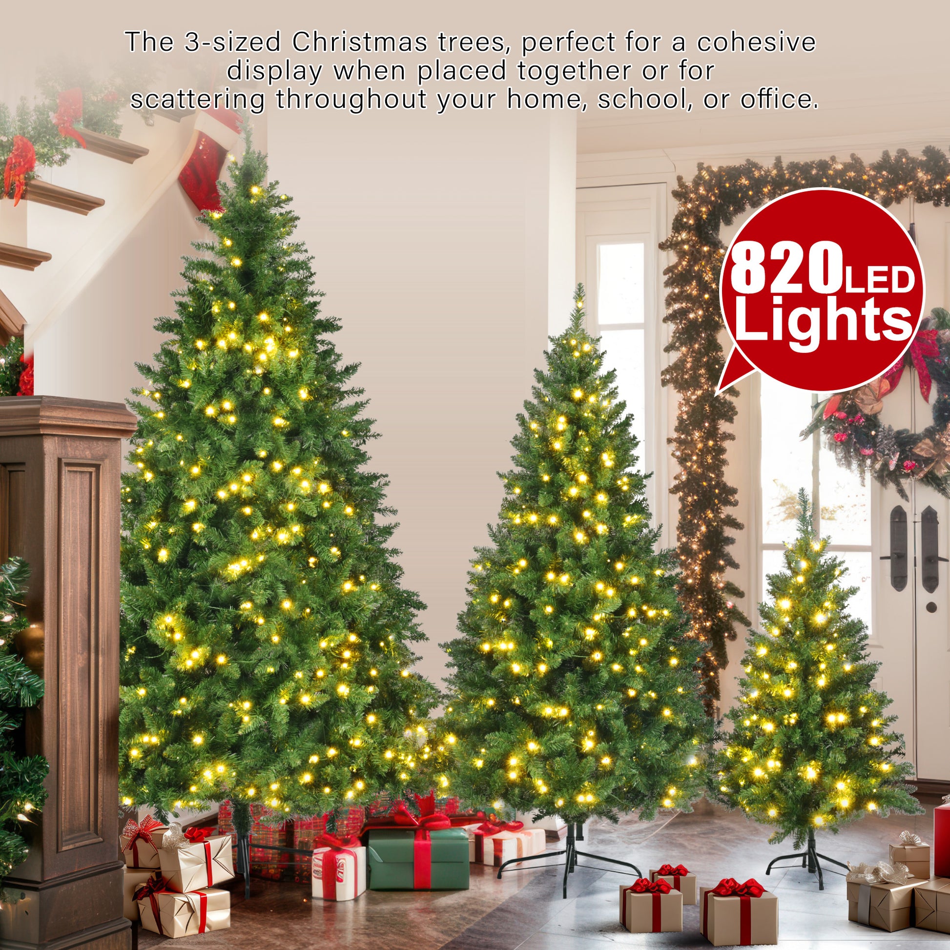 8Ft, 6Ft, 4Ft Pre Lit Green Pine Artificial Christmas Tree, Set Of 3 Hinged Xmas Trees With 820 Warm Yellow Led Lights And 2539 Branch Tips, Holiday Decoration For Home,Office And Party Green Pvc