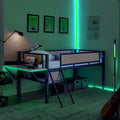 Single Metal Loft Bed With Rectangular Desk, Led Lights, Led Loft Bed Frame Double Bed With Storage Shelves And Hanging Storage Compartments, Safety Guard And Ladder, No Box Springs Required, Rattan G Twin Black Natural Mdf Iron