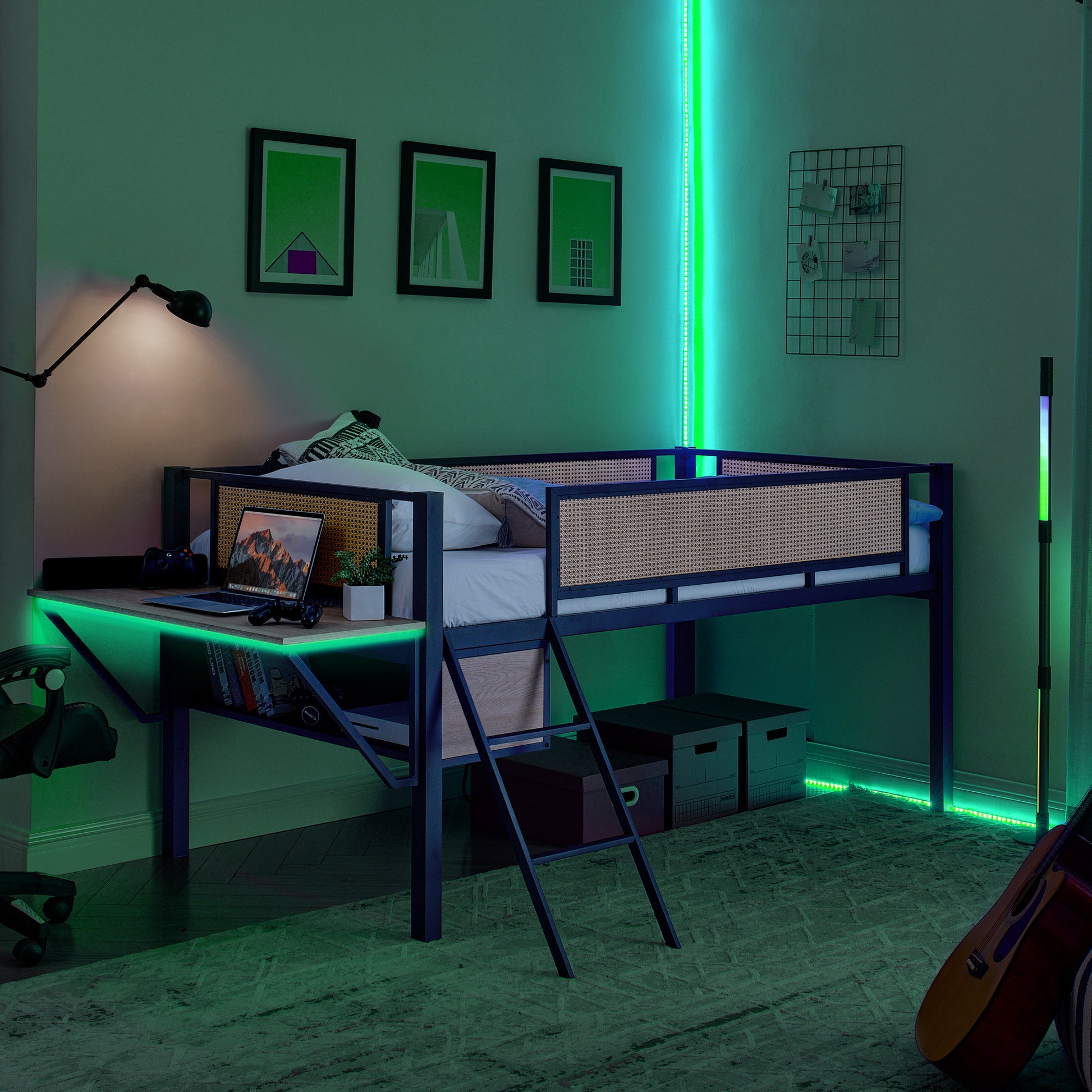 Single Metal Loft Bed With Rectangular Desk, Led Lights, Led Loft Bed Frame Double Bed With Storage Shelves And Hanging Storage Compartments, Safety Guard And Ladder, No Box Springs Required, Rattan G Twin Black Natural Mdf Iron