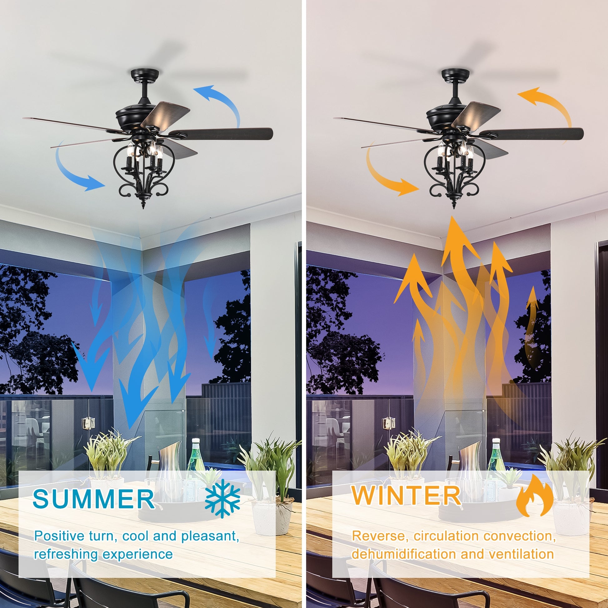 52 Inch 4 Lights Ceiling Fan With 5 Wood Blades, Two Color Fan Blade, Ac Motor, Remote Control, Reversible Airflow, 3 Speed, Adjustable Height, Traditional Ceiling Fan For Home Decorate Matte Black