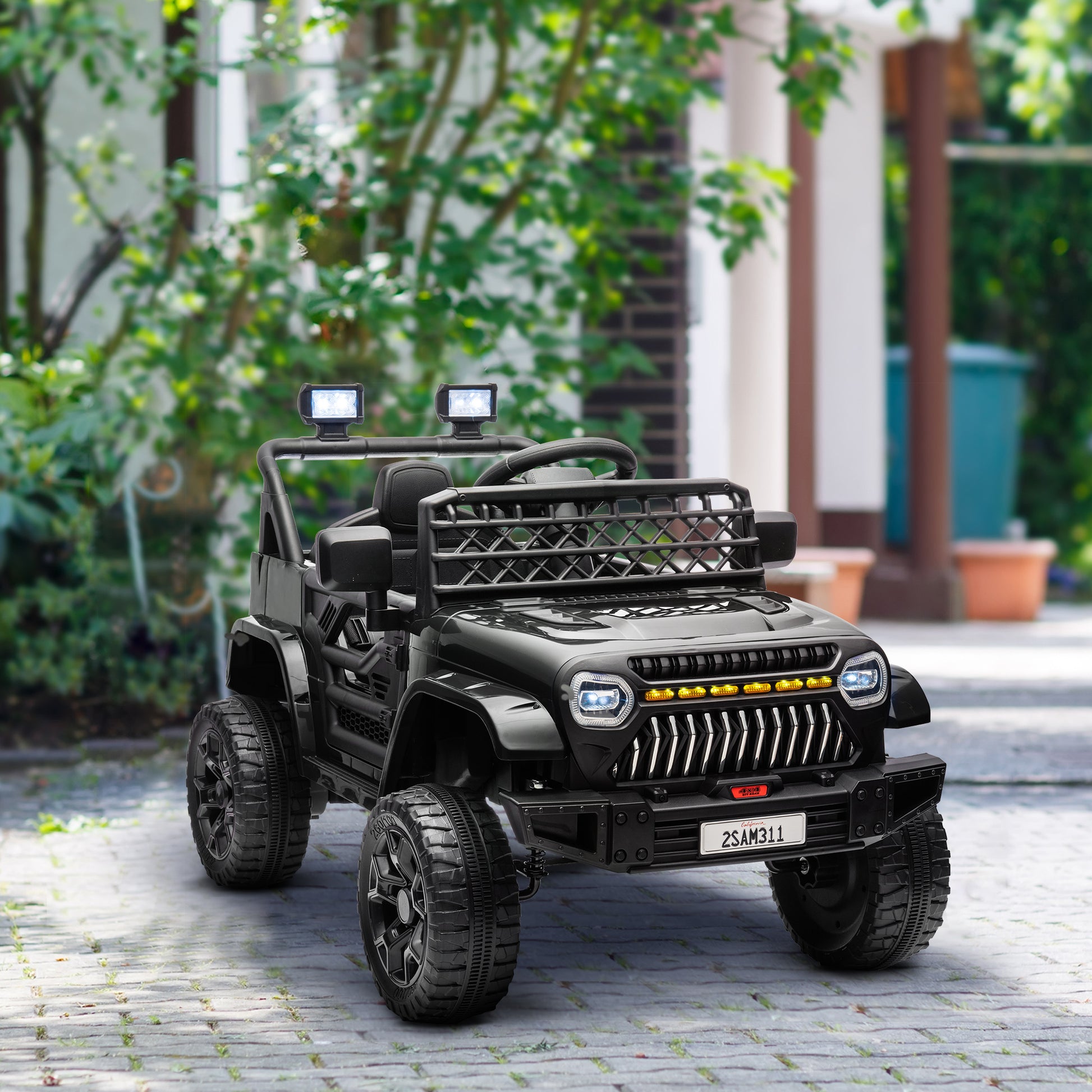 Qaba 12V Ride On Truck, Battery Powered Kids Electric Car Utv With 4 Suspension Wheels, Remote Control, 3 Speeds, Led Headlights, Horn, Usb Music, Black Black Plastic
