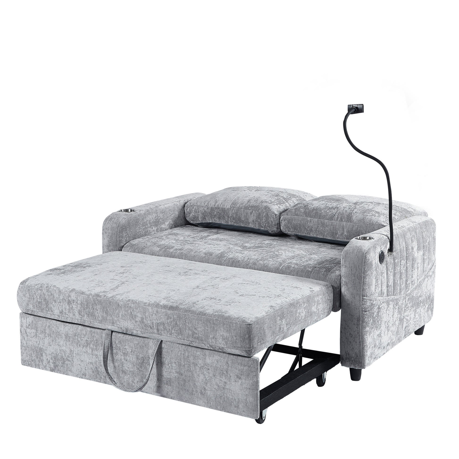 53.9" Modern Loveseat Pull Out Sofa Bed With Adjustable Backrest, Two Cup Holdersa Phone Holder, Three Charging Ports And Side Storage Pockets For Living Room, Grey Grey Foam Chenille