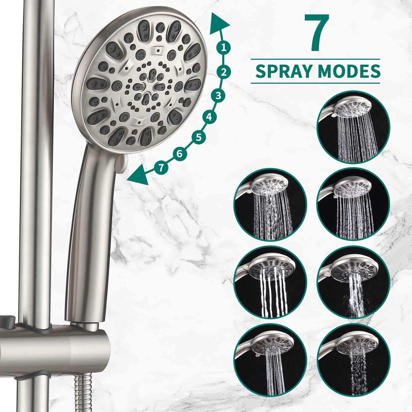 5" Brushed Nickel Rain Showerhead With Handheld Tub Spout 7 Spray Modes And Slide Bar Brushed Nickel Stainless Steel