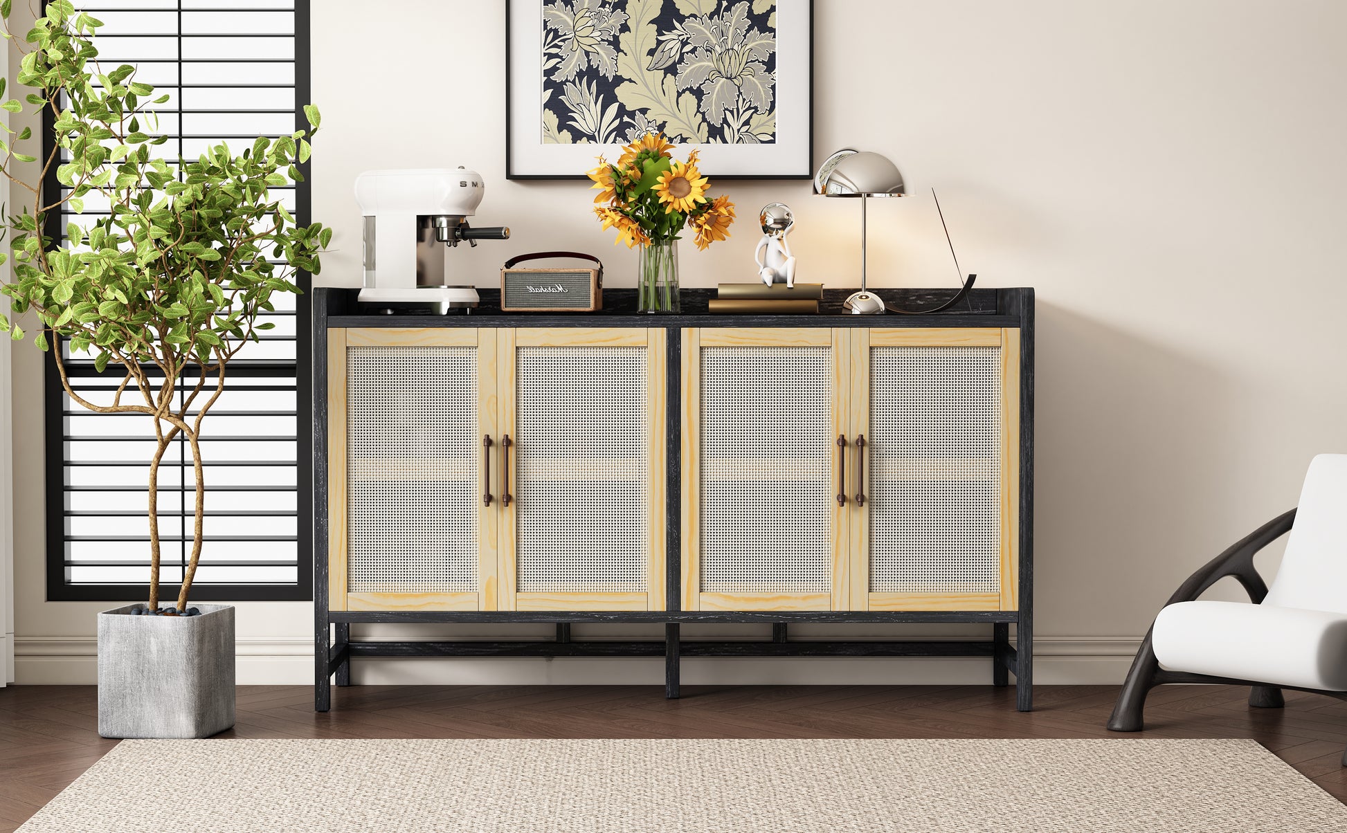 Sideboard Rustic Buffet Cabinet, Sideboard Cabinet With Decorative Rattan Doors, Buffet Cabinet With Storage For Entryway Dining Room Kitchen Living Room, Black Natural Black Natural Mdf