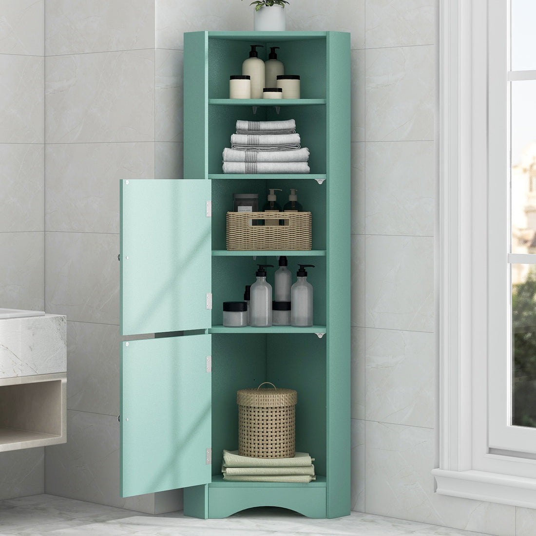 Tall Bathroom Corner Cabinet, Freestanding Storage Cabinet With Doors And Adjustable Shelves, Mdf Board, Green Green Mdf