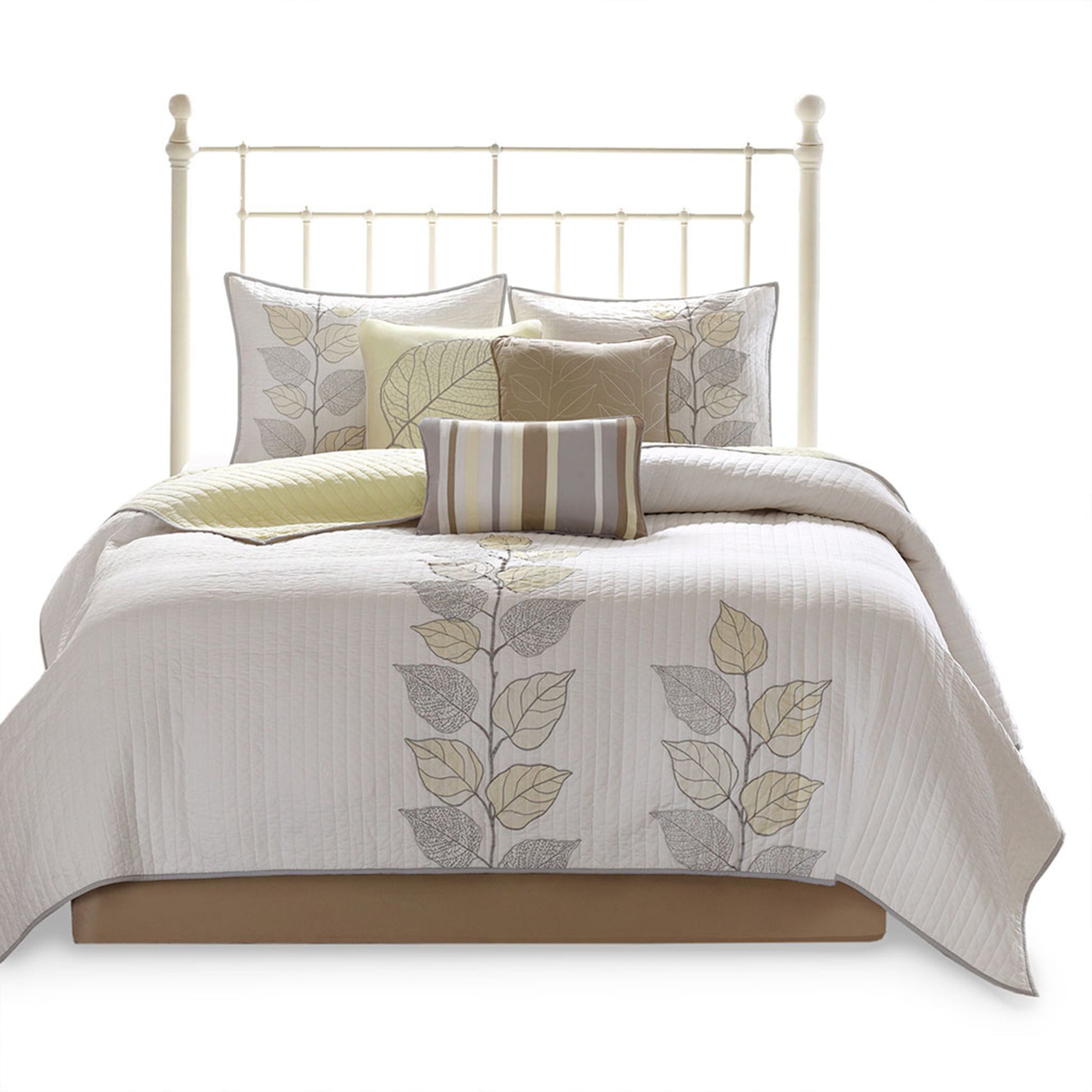 6 Piece Embroidered Quilt Set With Throw Pillows Yellow King Cal King King Yellow White Cotton