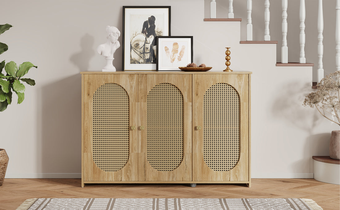 Retro 3 Door Sideboard With Large Storage Space Artificial Rattan Doors And Metal Handles, Accent Cabinet For Living Room And Hallway Natural Wood Natural Wood Particle Board Mdf