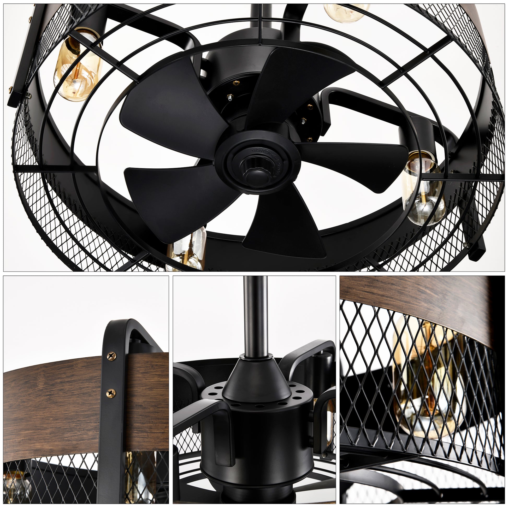 20.6" Caged Ceiling Fan With Lights Remote Control Bladeless Retractable 3 Speed 1 2 4 Timer,Modern Enclosed Reversible Motor Ceiling Fan For Farmhouse, Bedroom Living Room Matte Black American Design,Farmhouse,Modern,Traditional,Vintage Abs Metal