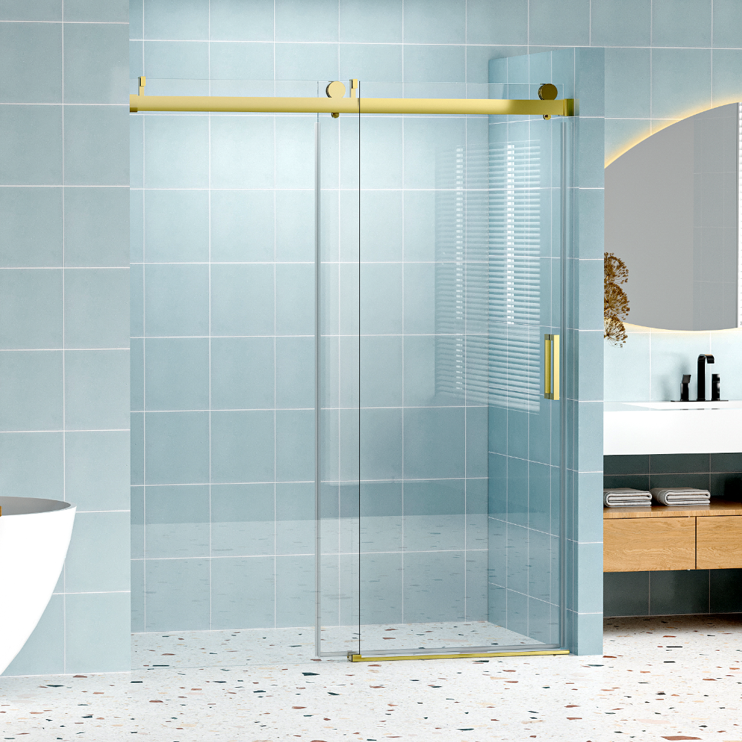 56" 60" W X 76" H Frameless Soft Closing Single Sliding Shower Door, 1 4" 6Mm Tempered Glass With Explosion Proof Coating Via Express Delivery, Gold 24D01 60Gx Gold Glass Bathroom Tempered Glass