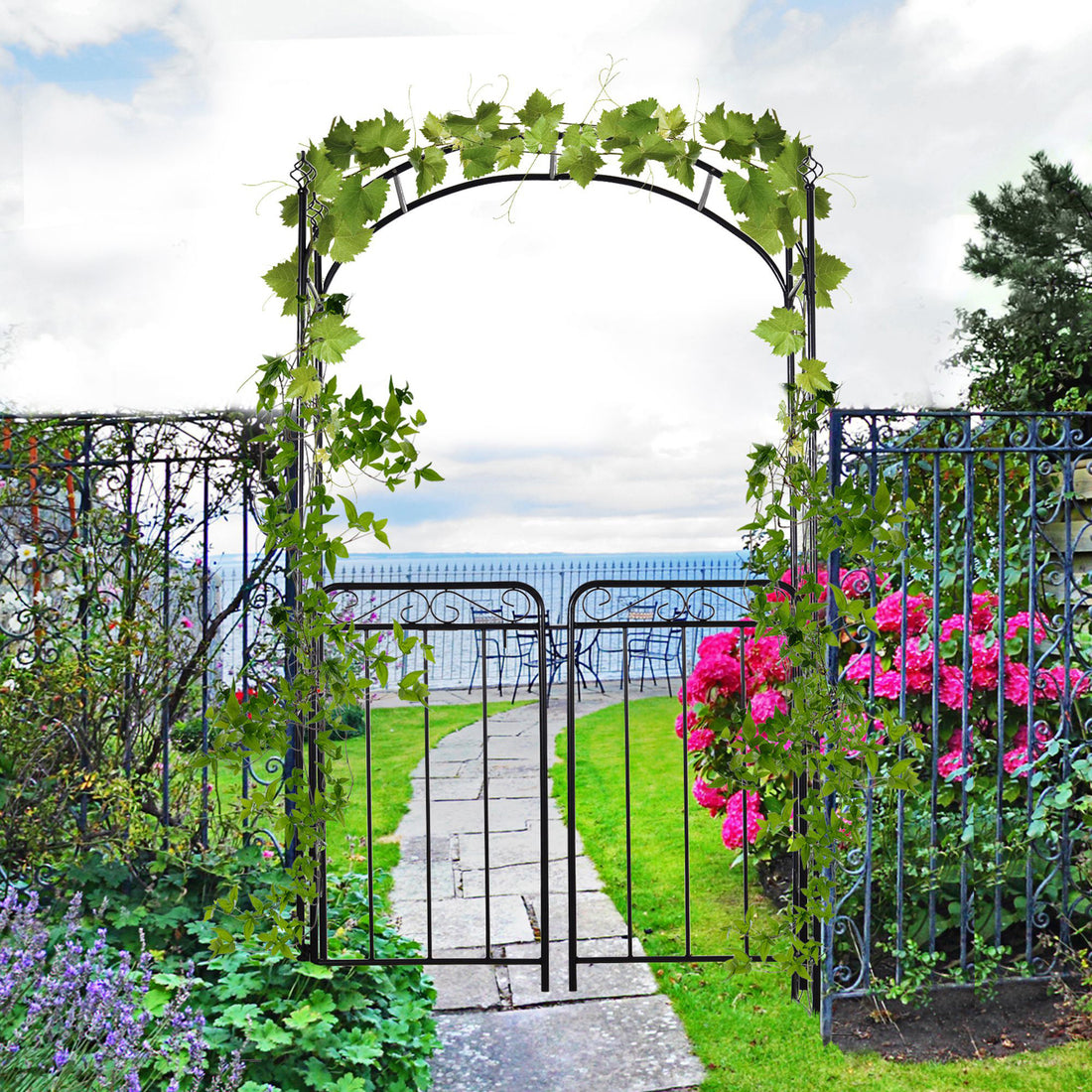 Outsunny 84" Garden Arch Arbor With Gate, Metal Arch Trellis, Garden Archway For Climbing Vines, Wedding Ceremony Decoration, Flourishes & Arrow Tips, Black Black Metal