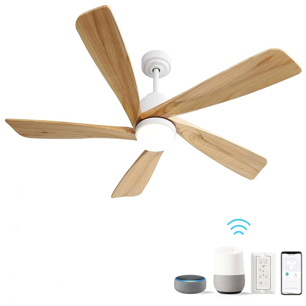 52 Inch Ceiling Fan With Dimmable Led Light 5 Solid Wood Blades Smart Remote Control Reversible Dc Motor Ceiling Fan White Metal & Wood