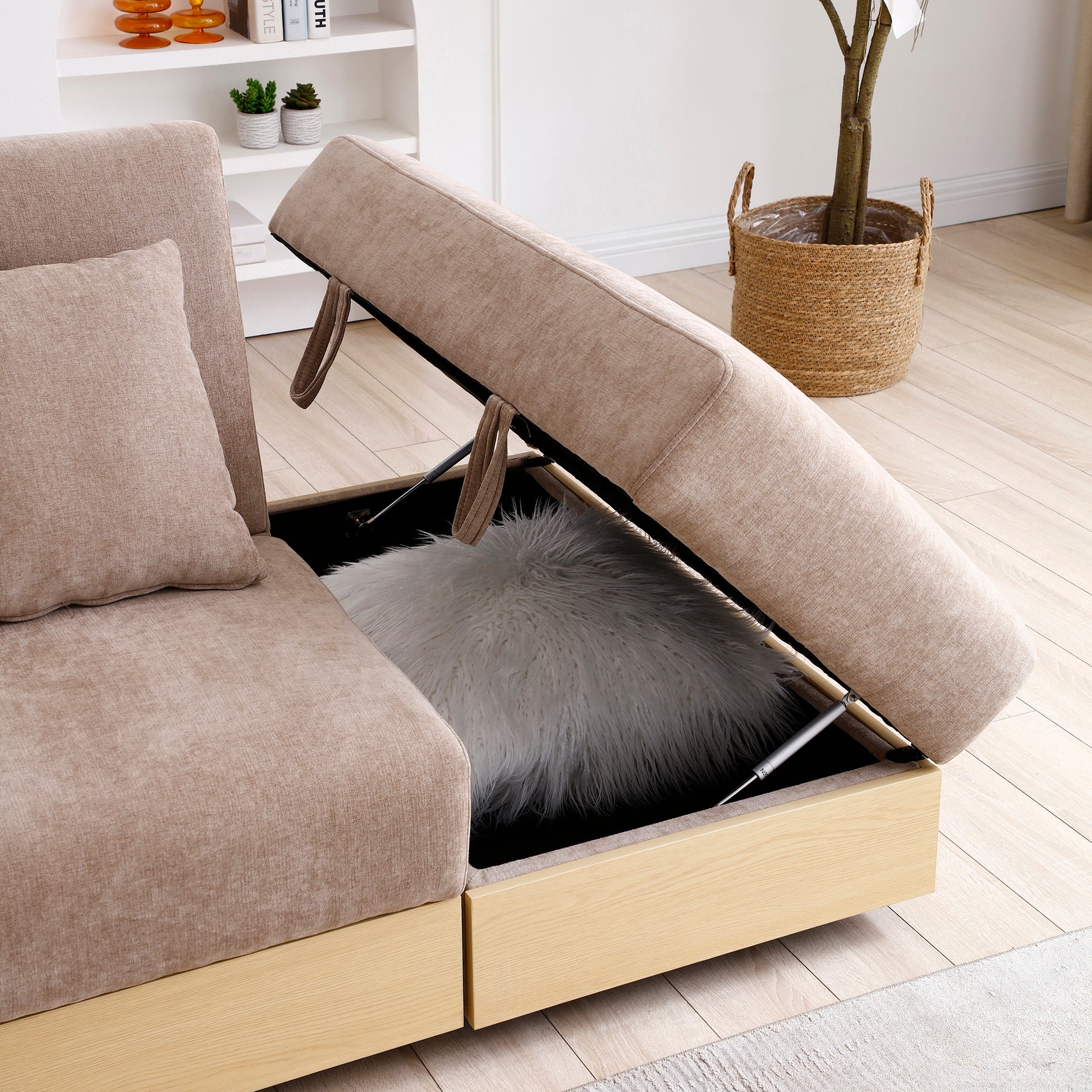 Convertible Sleeper Sofa Couch,Multifunctional Double Folding Sofa Bed,Storage Ottoman And Sofa Arm With Box And Drawer, Drop Down Table With 2Cup Holders For Living Room,Apartment,Office,Light Brown Light Brown Linen Wood Primary Living Space Modern