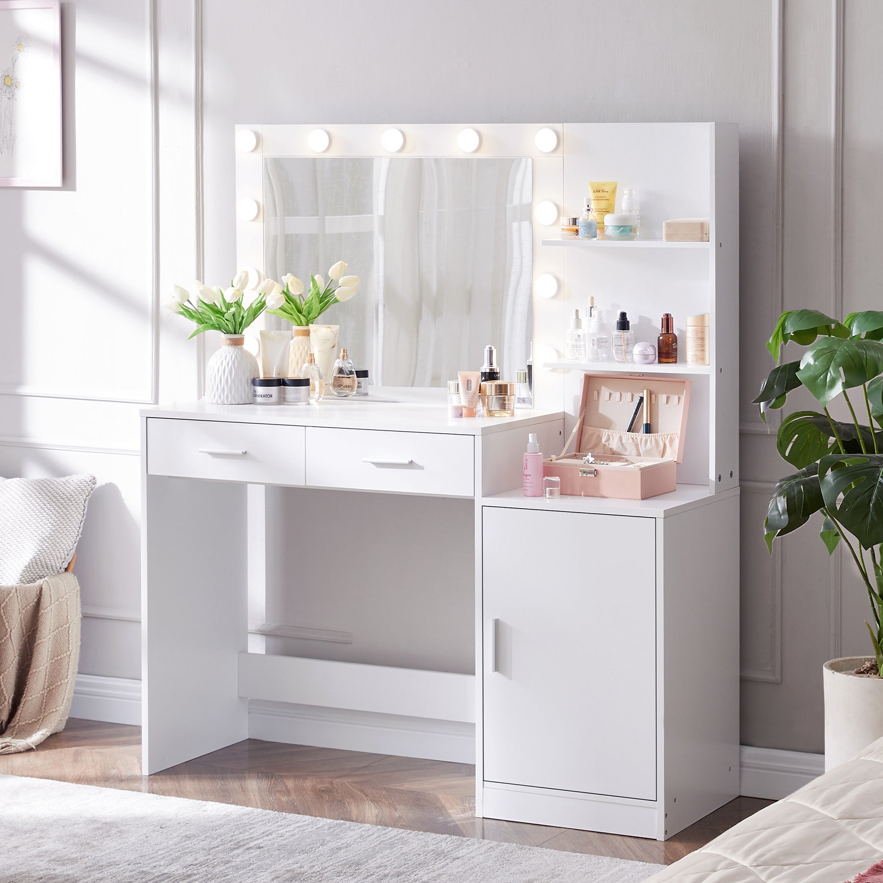 Vanity Desk With Mirror And Lights, 46.4In Dressing Table With 2 Large Drawer&Large Vertical Organizer, 3 Level Dresser & 3 Lighting Modes Adjustable Brightness, Suitable For Bedroom White White Particle Board