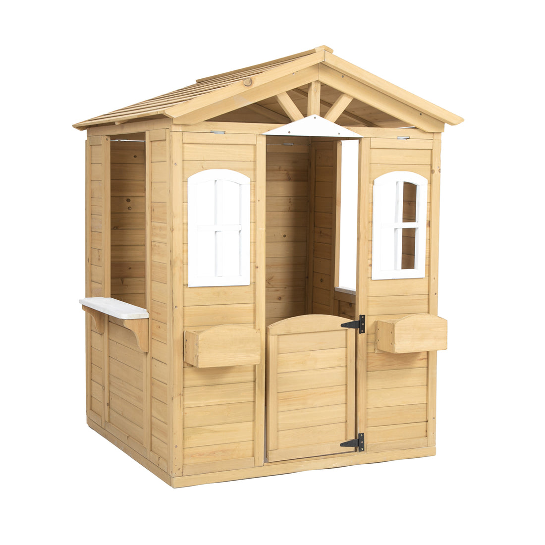 Wooden Playhouse For Kids Outdoor With Working Door, Windows, Mailbox, Flowers Pot Holder, 39" X 38" X 55.5" Natural Solid Wood