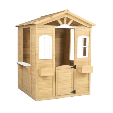 Wooden Playhouse For Kids Outdoor With Working Door, Windows, Mailbox, Flowers Pot Holder, 39" X 38" X 55.5" Natural Solid Wood