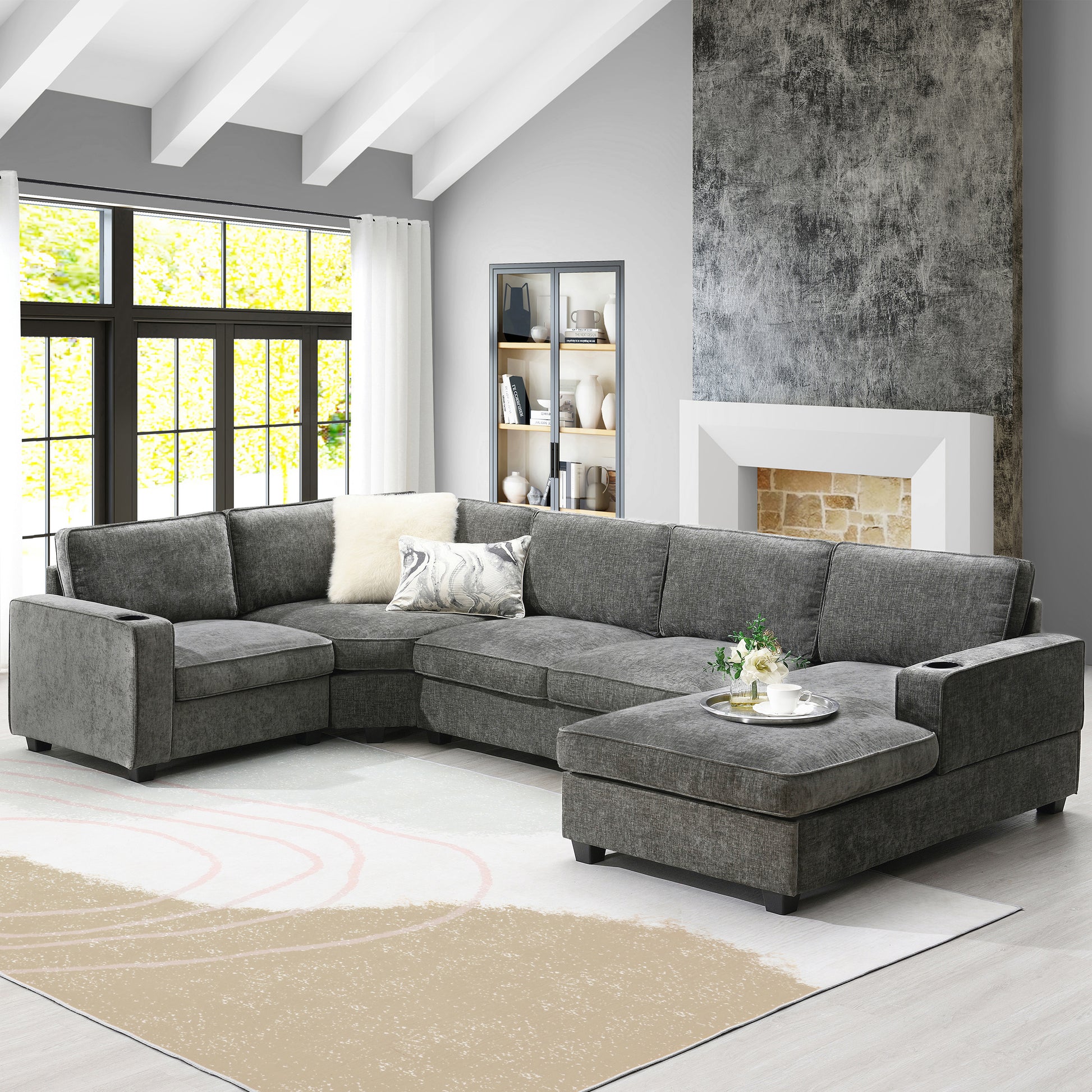 119*67" U Shaped Sectional Sofa,6 Seat Chenille Couch Set With Oversized Chaise Lounge,Irregular Corner,Deep Seat Comfy Sofa With Cup Holders For Living Room,Apartment,2 Colors Dark Gray Chenille 6