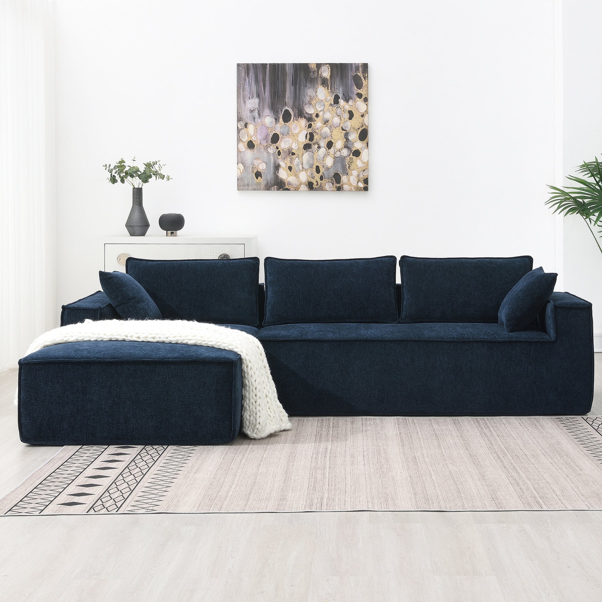 111.5*72"Minimalist Style Modular Sectional Sofa,Wrinkle Resistant Chenille Couch Set,L Shaped Sleeper Sofa Bed For Living Room,2 Pic Free Combination,No Assembly Require,3 Colors Dark Blue Chenille 4 Seat