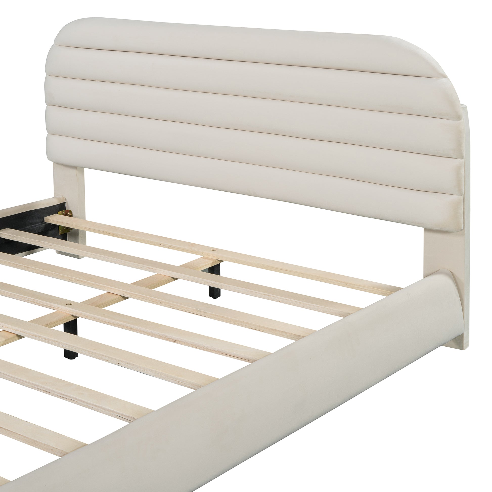 Queen Size Velvet Upholstered Platform Bed,Solid Frame And Stylish Curve Shaped Design, Beige Queen Beige Velvet