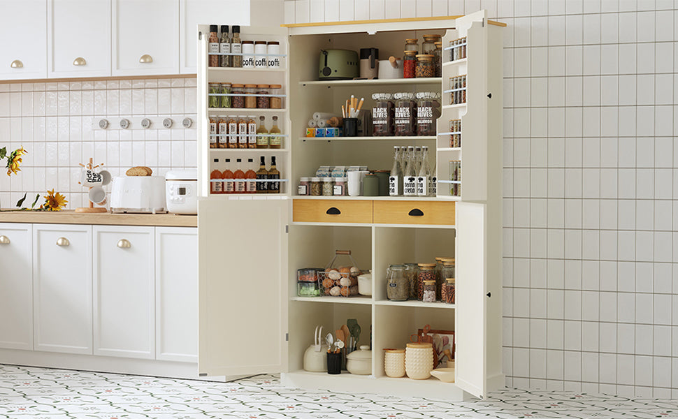 Assembly 40.2X20X71.3Inch High Freestanding Kitchen Pantry Large Cupboard Storage Cabinet With 2 Drawers, 2 Adjustable Shelves, 8 Door Shelves For Kitchen, Dining Room,Cream Cream Kitchen Farmhouse Adjustabel Shelves Mdf