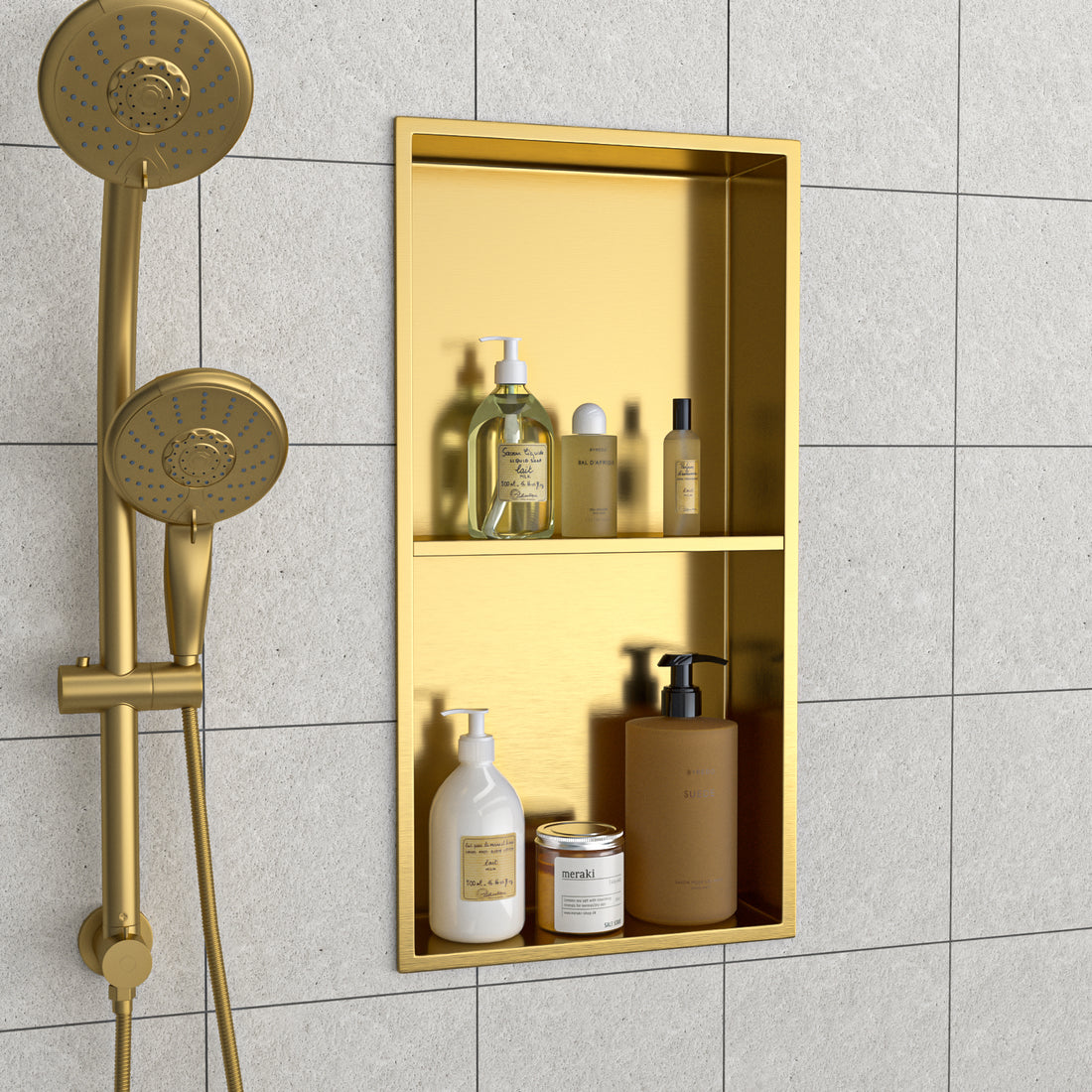 13" X 25" Stainless Steel Shower Niche Double Shelf, Gold Gold Stainless Steel