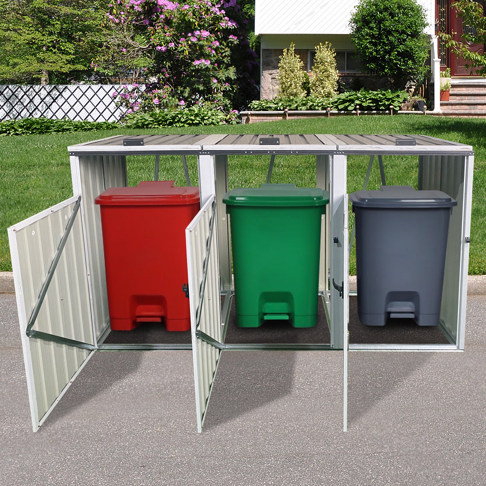 Garbage Bin Shed Stores 3 Trash Cans Metal Outdoor Bin Shed For Garbage Storage,Grey Grey Metal