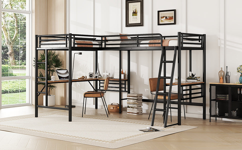 Twin Size Metal Loft Bed With Two Built In Desks,Black Twin Black Metal
