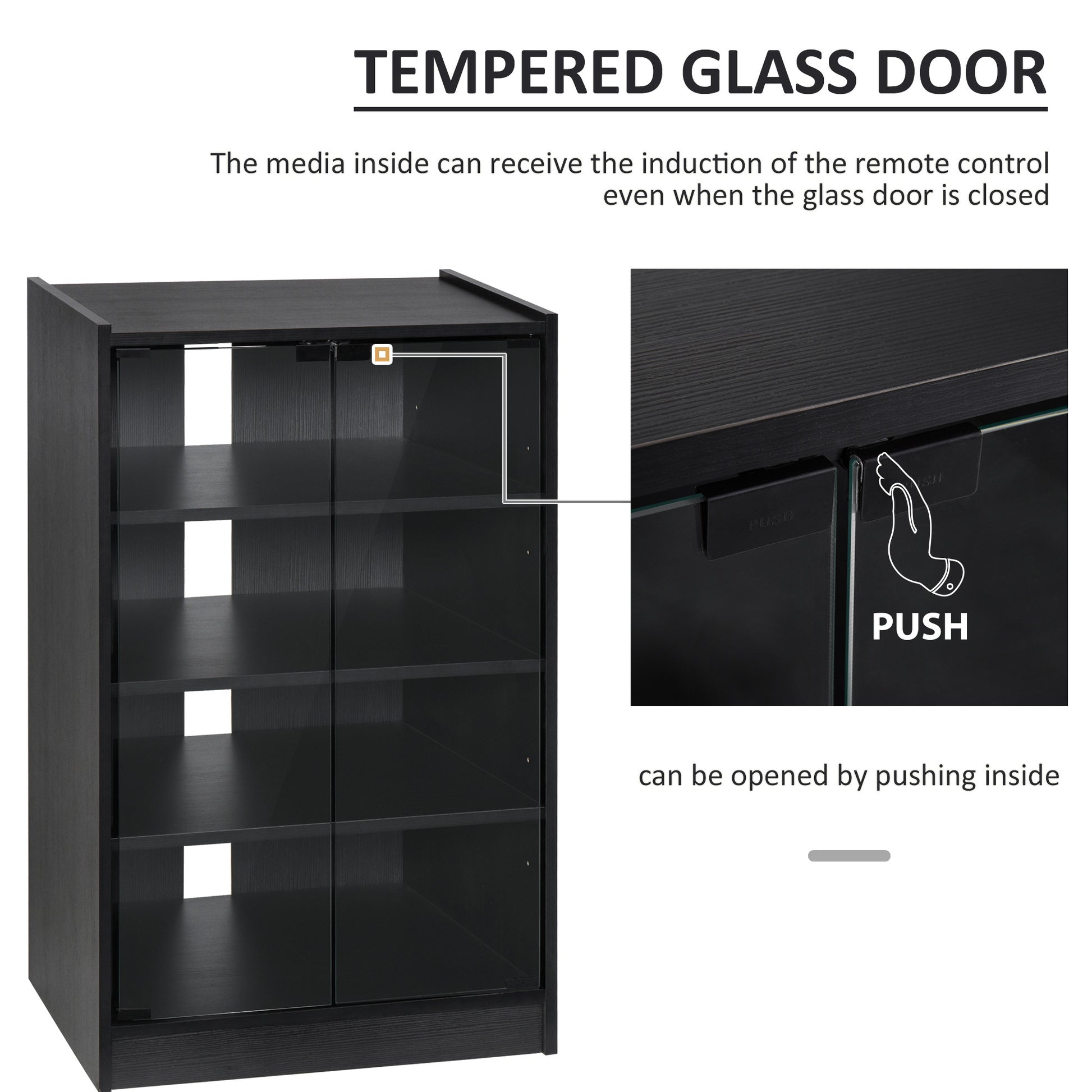 Homcom 5 Tier Media Stand Cabinet With 3 Level Adjustable Shelves, Tempered Glass Doors, And Cable Management, Distressed Black Distressed Black Particle Board