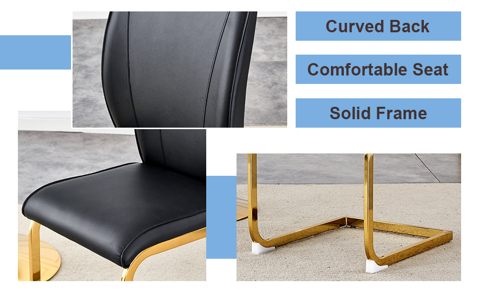 Luxury Simple Arch Chair Set Of 4 Black Pu Material High Resilience Dining Chair With Arched Metal Gold Leg. Black Gold Metal,Pu
