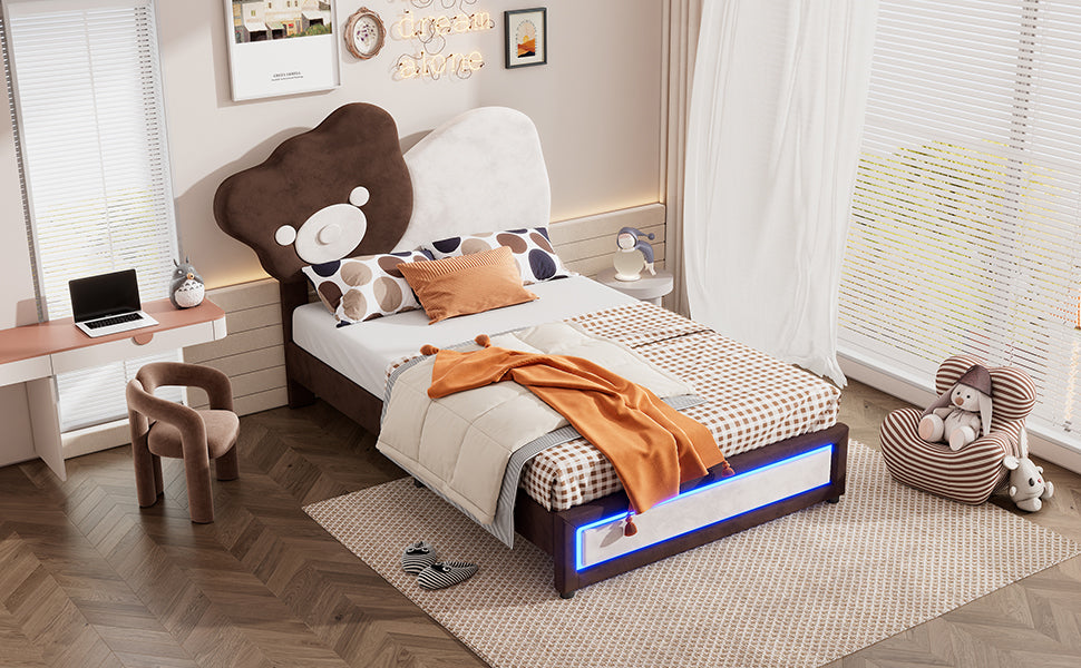 Twin Size Upholstered Platform Bed With Bear Shaped Headboard, Led Light Strips, White Brown Box Spring Not Required Twin Brown White Wood Bedroom Bed Frame Upholstered