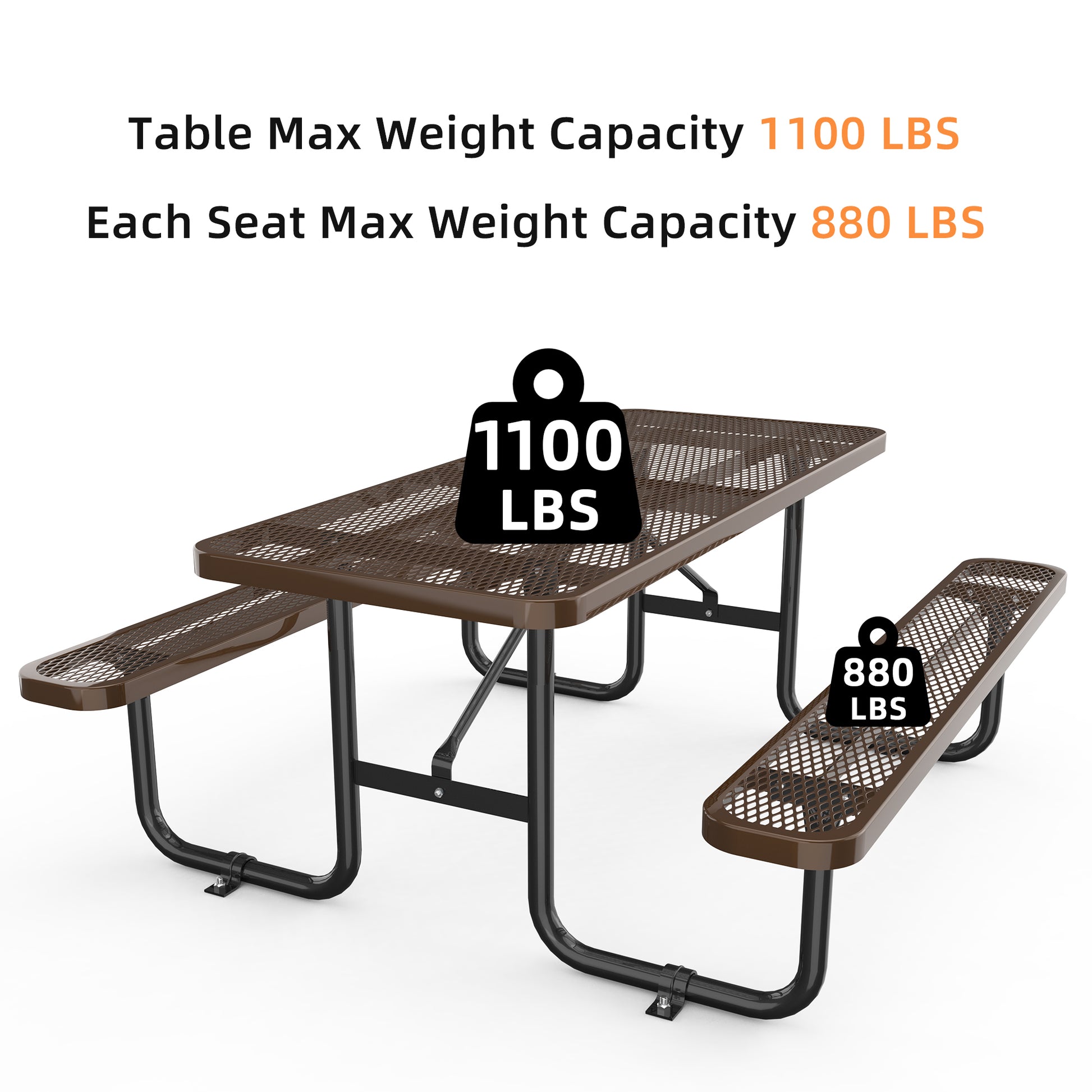 72" Expanded Metal Rectangular Picnic Table, Brown No Brown Seats 4 Rust Resistant Frame Garden & Outdoor Complete Patio Sets Steel Steel