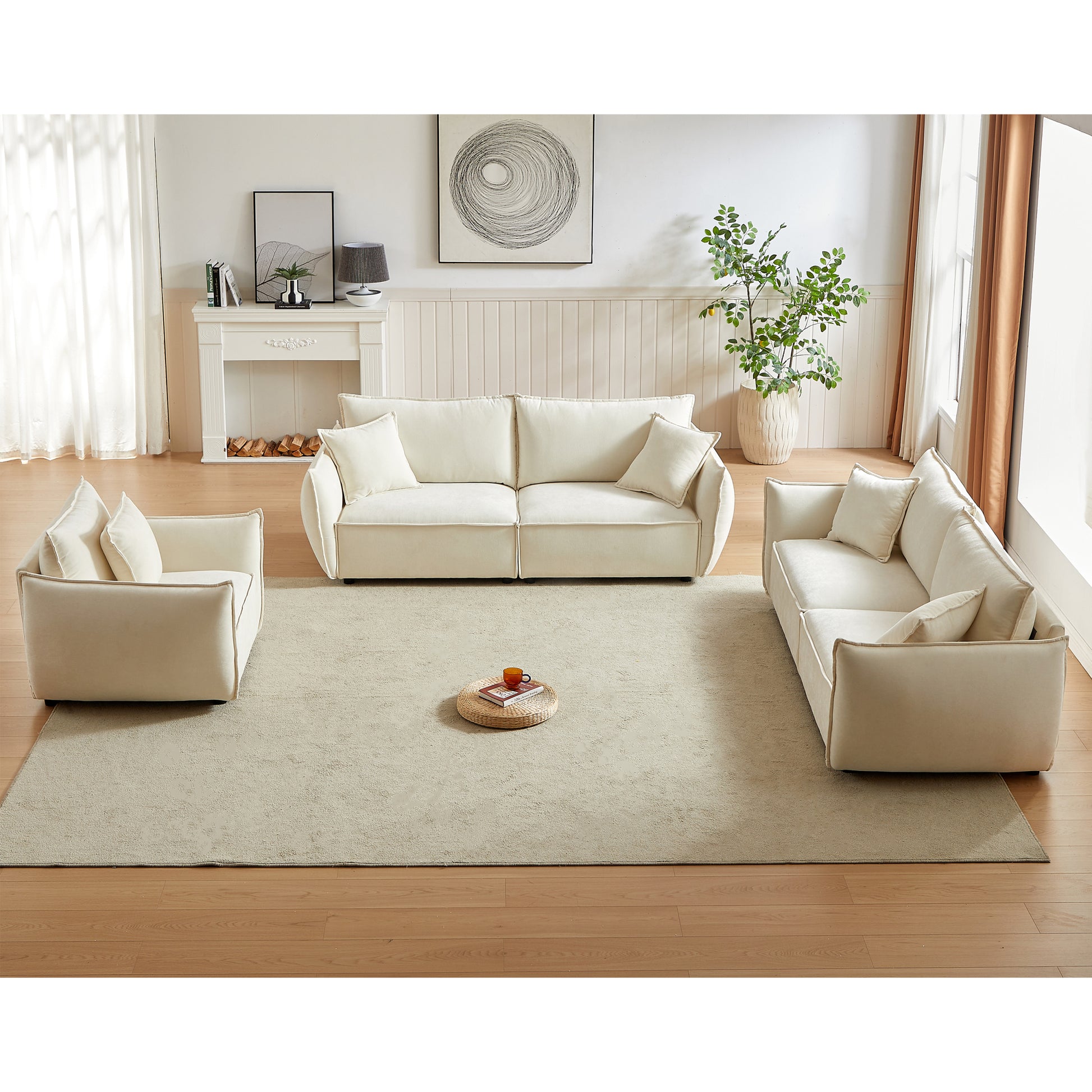 3 Seater 3 Seater 1 Seater Combo Sofa Modern Living Room Sofa, Linen Fabric Sofa, Wooden Frame With 5 Pillows, Apartment Sofa Furniture Beige Chenille Wood Primary Living Space Pine Foam Fabric 7 Seat